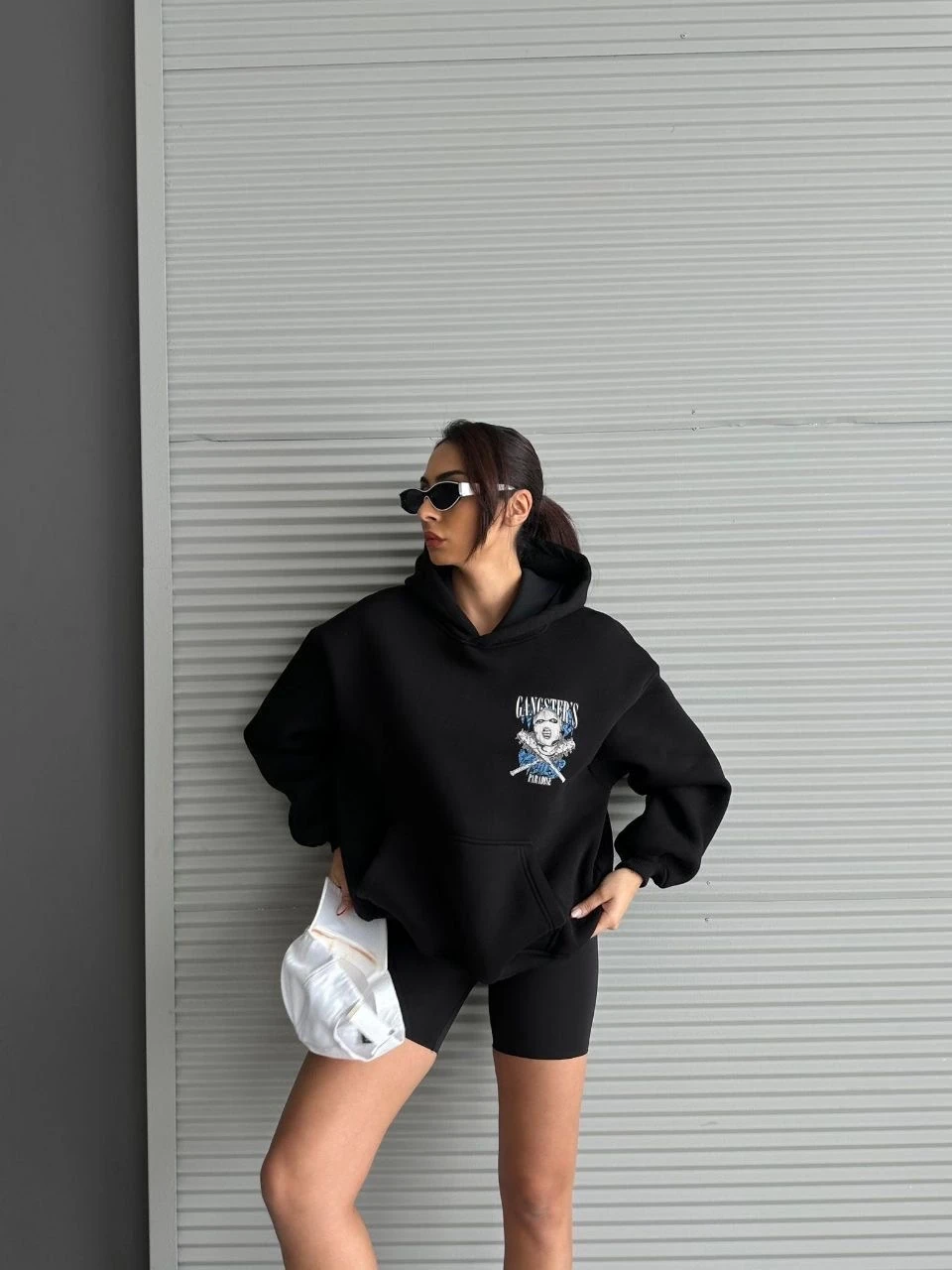 3 iplik şardonlu oversize compact kafa baskılı sweat siyah