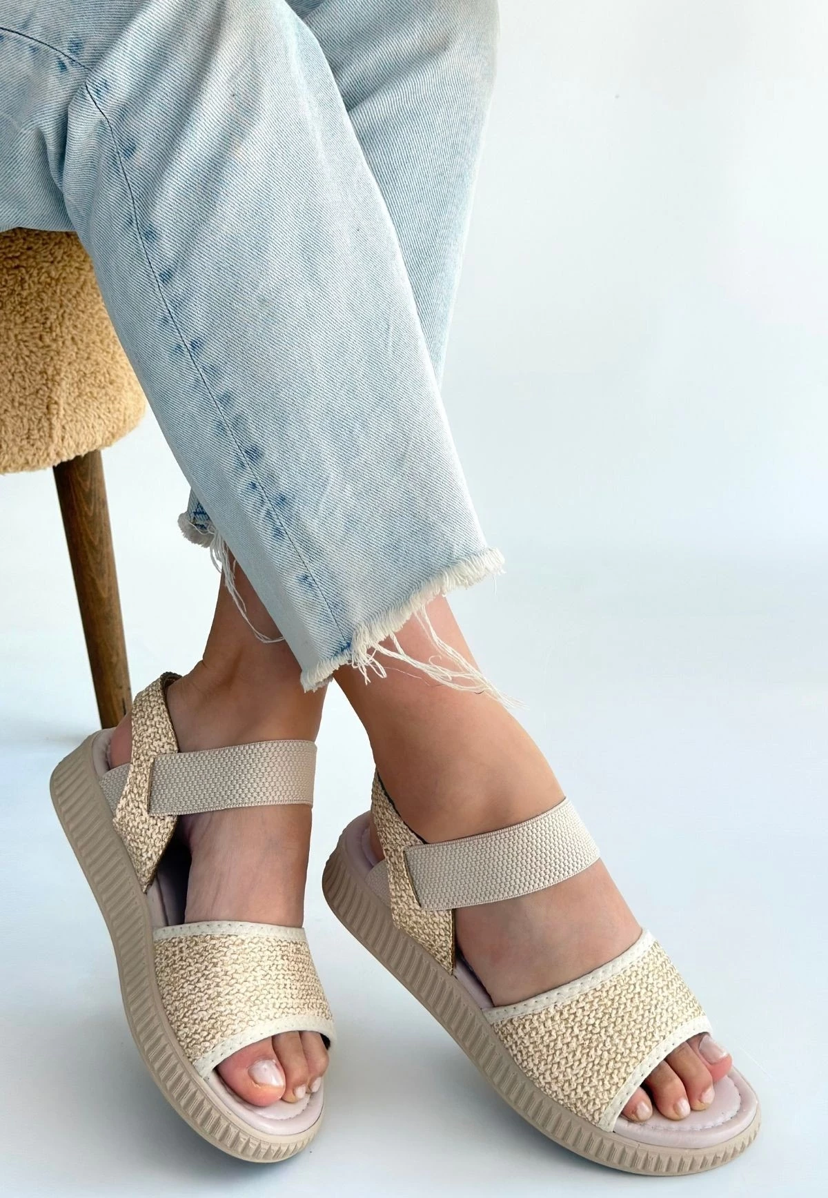 Jake Bej Hasır Cilt Sandalet