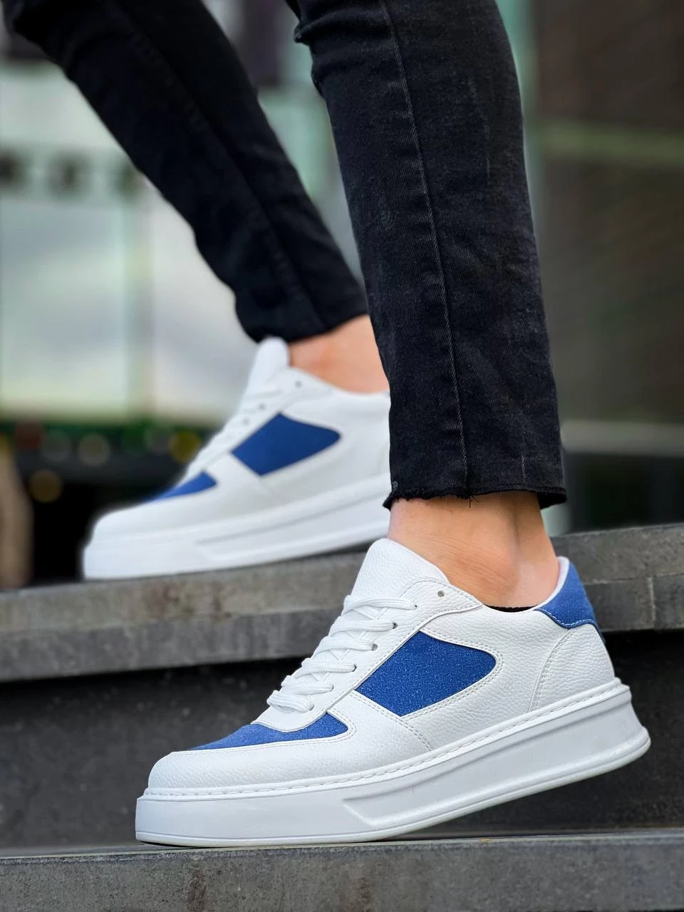 KB-X8 Kuback Beyaz Cilt Mavi Süet Detaylı Beyaz Yüksek Taban Günlük Spor Ayakkabı