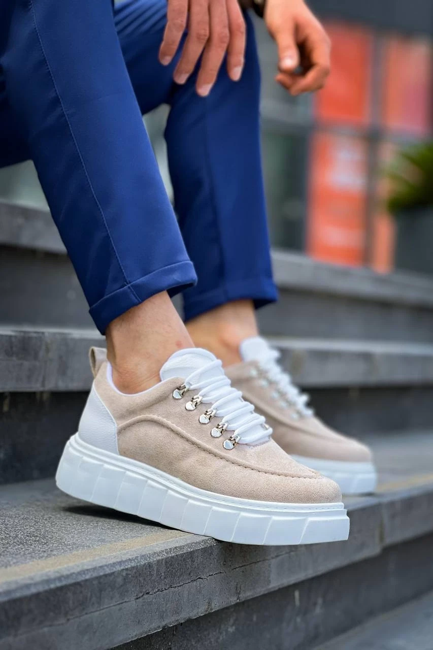 KB-X10 Kuback Bej Süet Beyaz Yüksek Taban Günlük Spor Ayakkabı