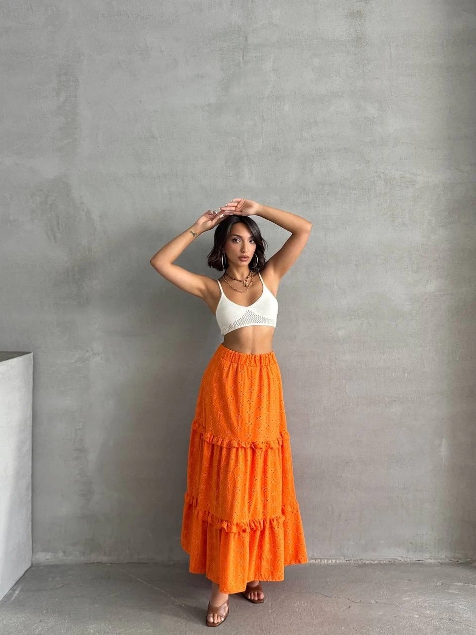 Fırfırlı brodeli astarlı uzun etek turuncu s255047