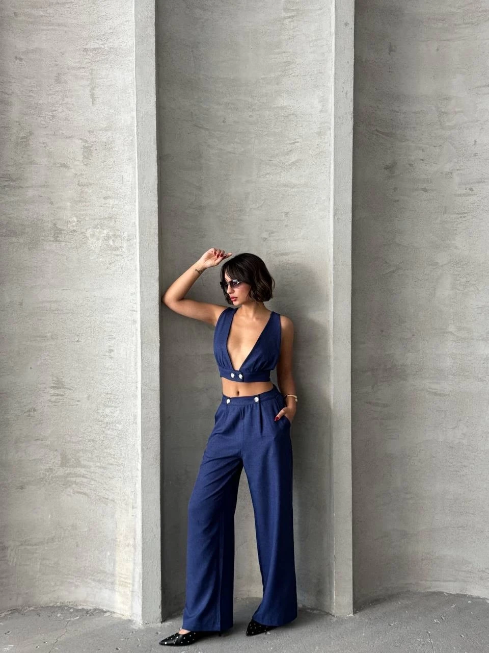 Crop pantolon keten takım s255012