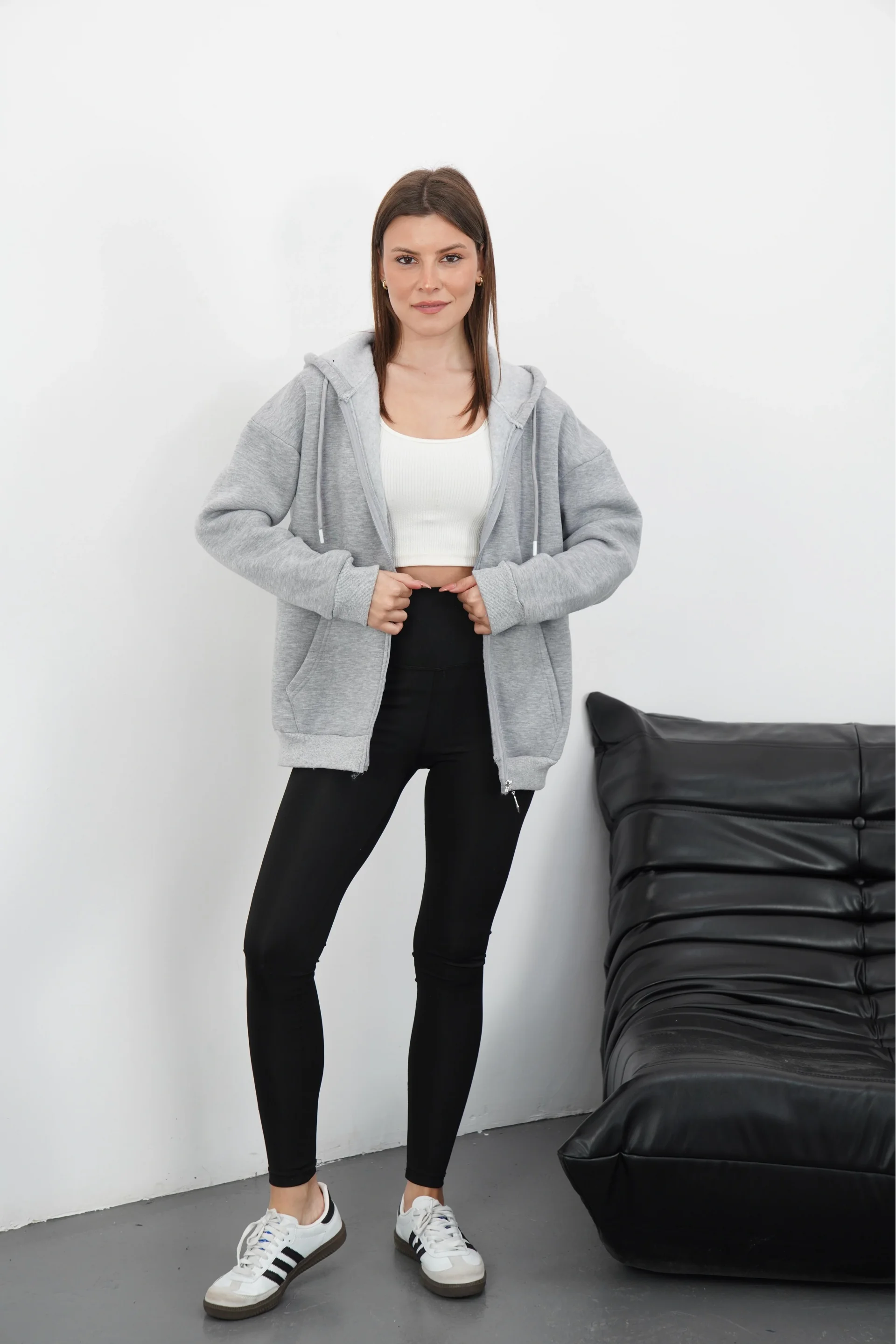 3 iplik şardonlu fermuarlı kapşonlu hırka gri