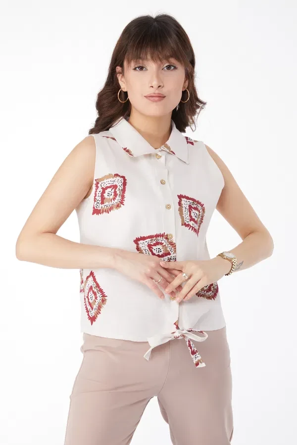 Etek Ucu Bağlamalı Desenli Gömlek