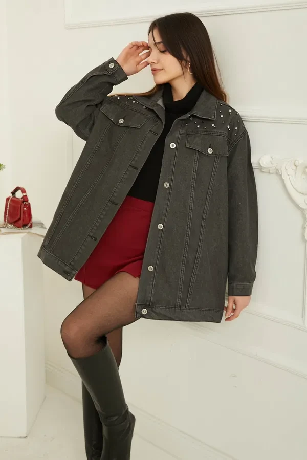 Taşlı Kot Ceket Antrasit