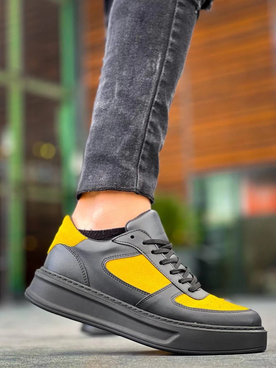 KB-X8 Kuback Siyah Sarı Cilt Yüksek Taban Günlük Spor Ayakkabı