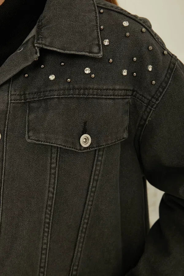 Taşlı Kot Ceket Antrasit