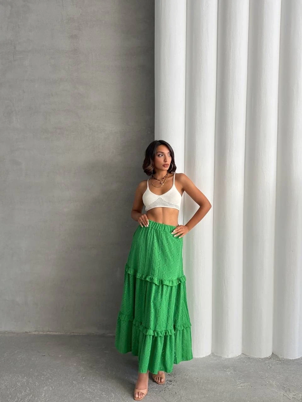 Fırfırlı brodeli astarlı uzun etek yeşil s255047