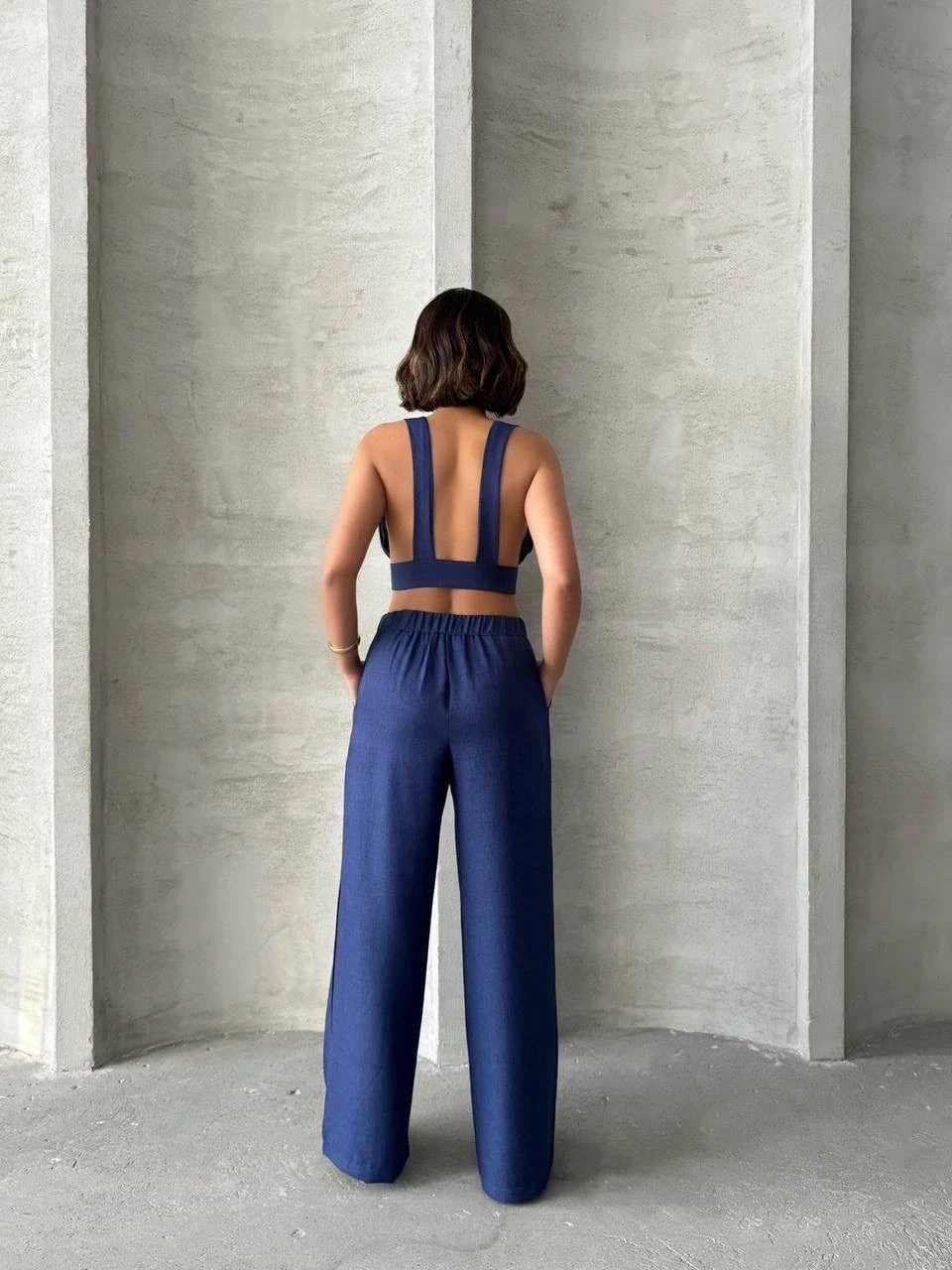 Crop pantolon keten takım s255012