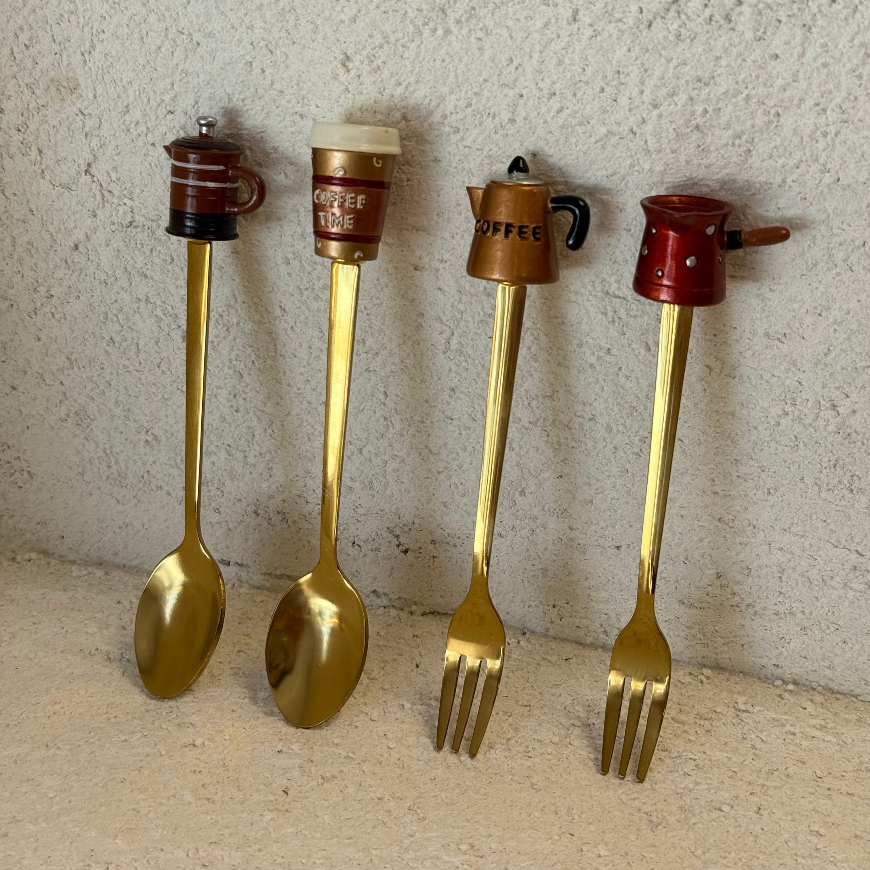 Arow 4 Lü Çatal Kaşık Seti Coffe Emoji Tutmalı Gold 14 cm 