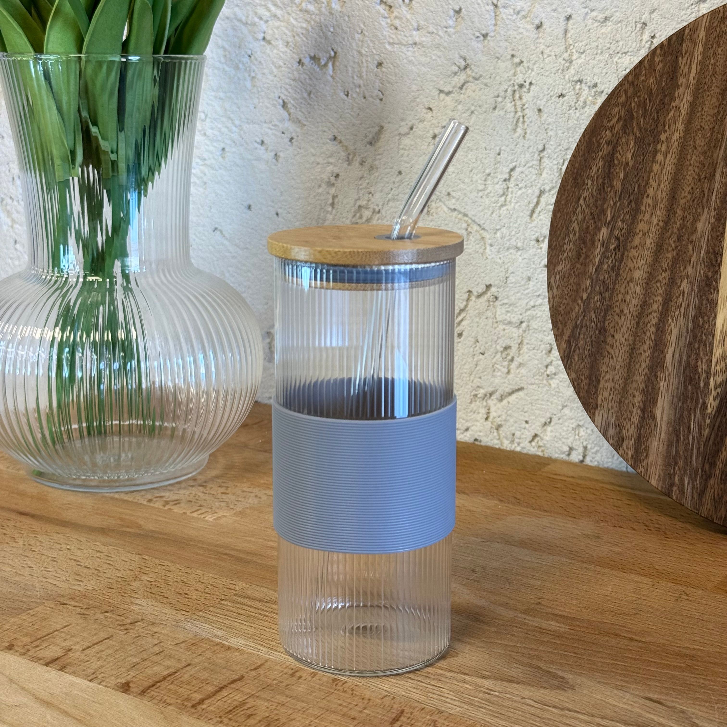 Buhara Silikon Tutmalı Yuvarlak İnce Çizgi Borosilikat Cam Bardak 400 ML Gri 