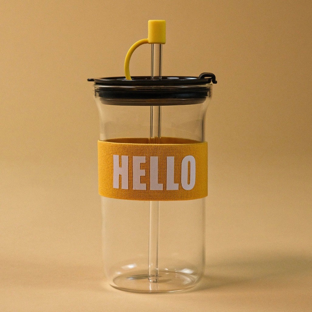 Hello Pipetli Borosilikat Cam Bardağı Sarı 500 ML 