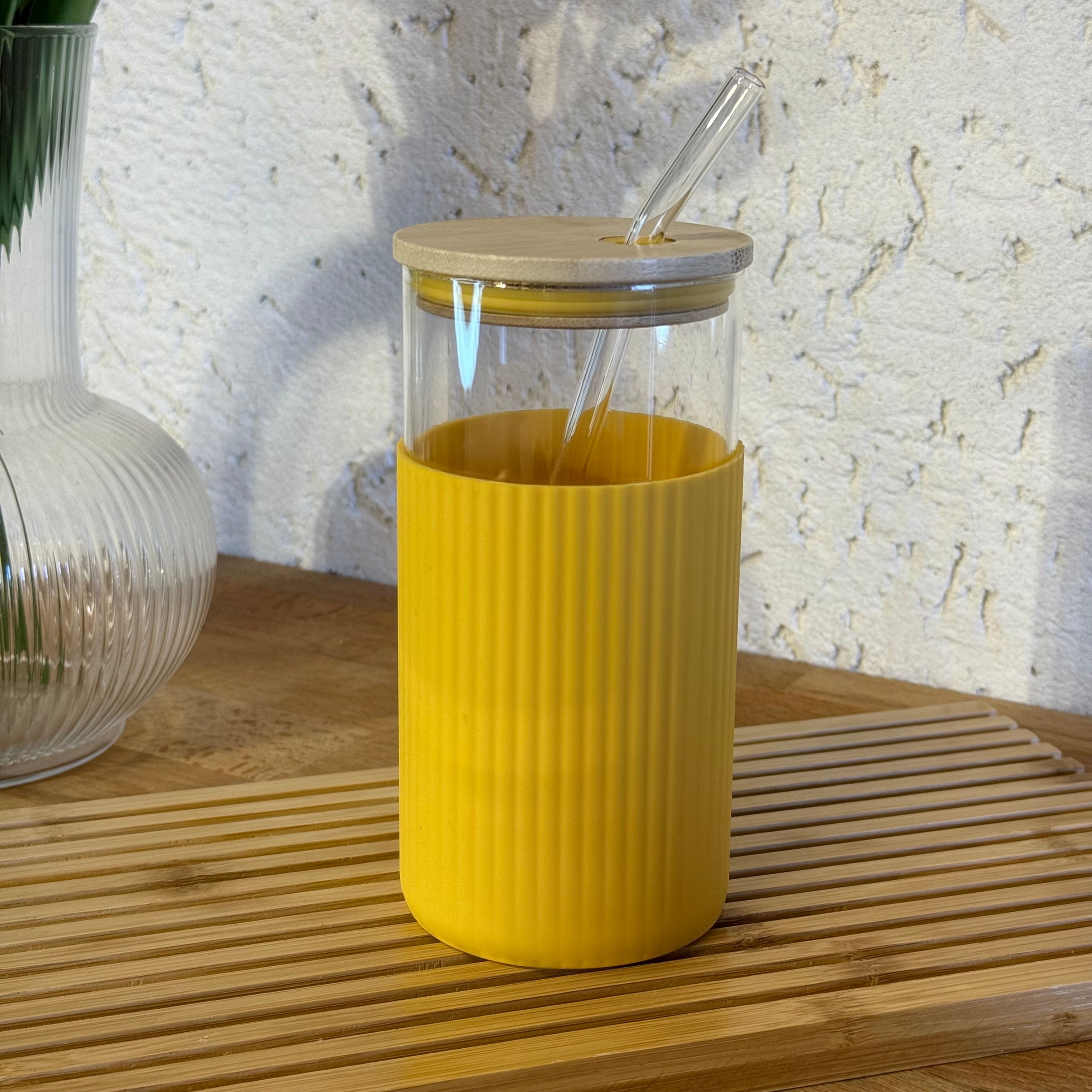 Buhara Silindir Silikon Tutmalı Borosilikat Cam Pipetli Bardak 520 ml Hardal