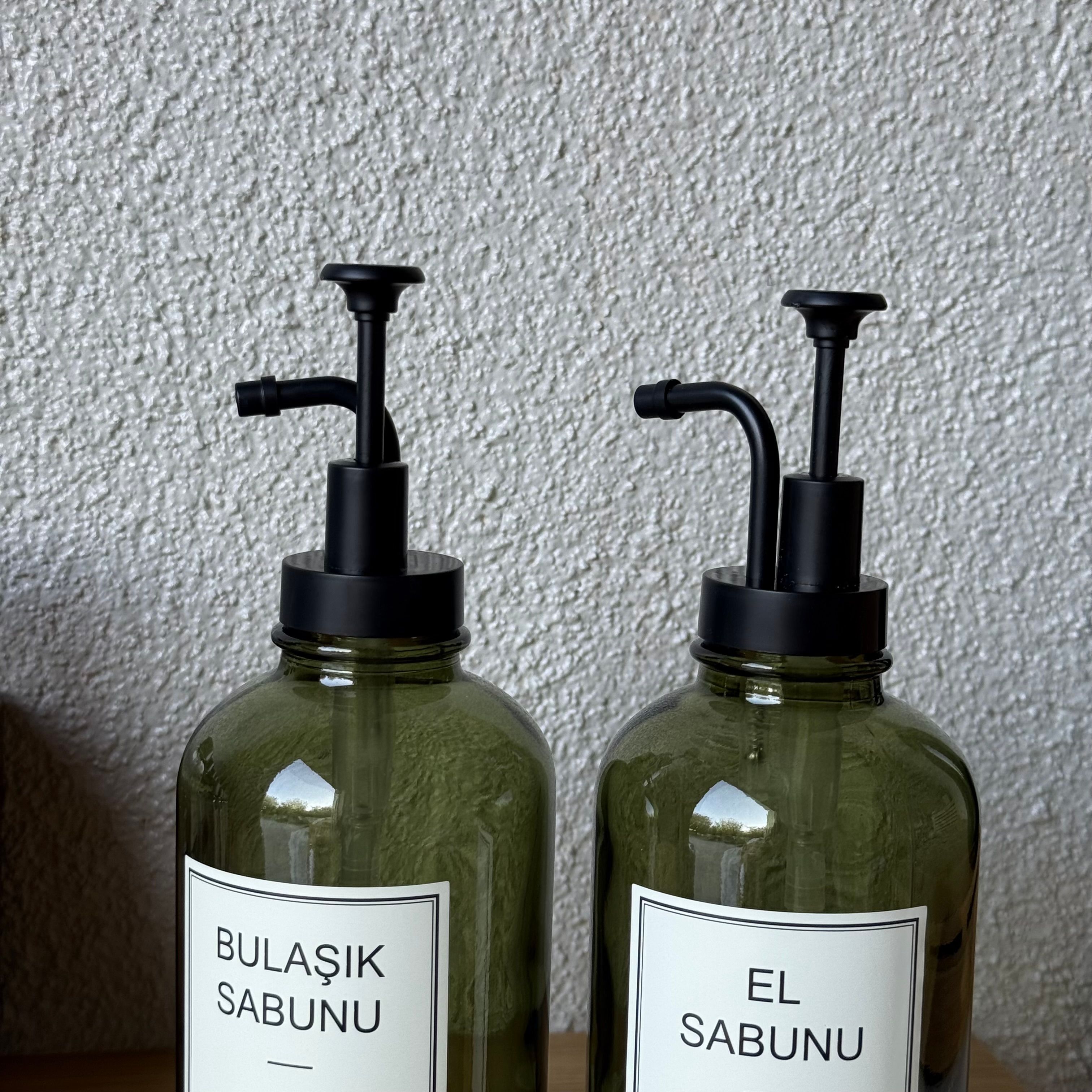 Selena Bambu Standlı İkili Cam Yuvarlak Sıvı Sabunluk Seti Yeşil 500 ml 