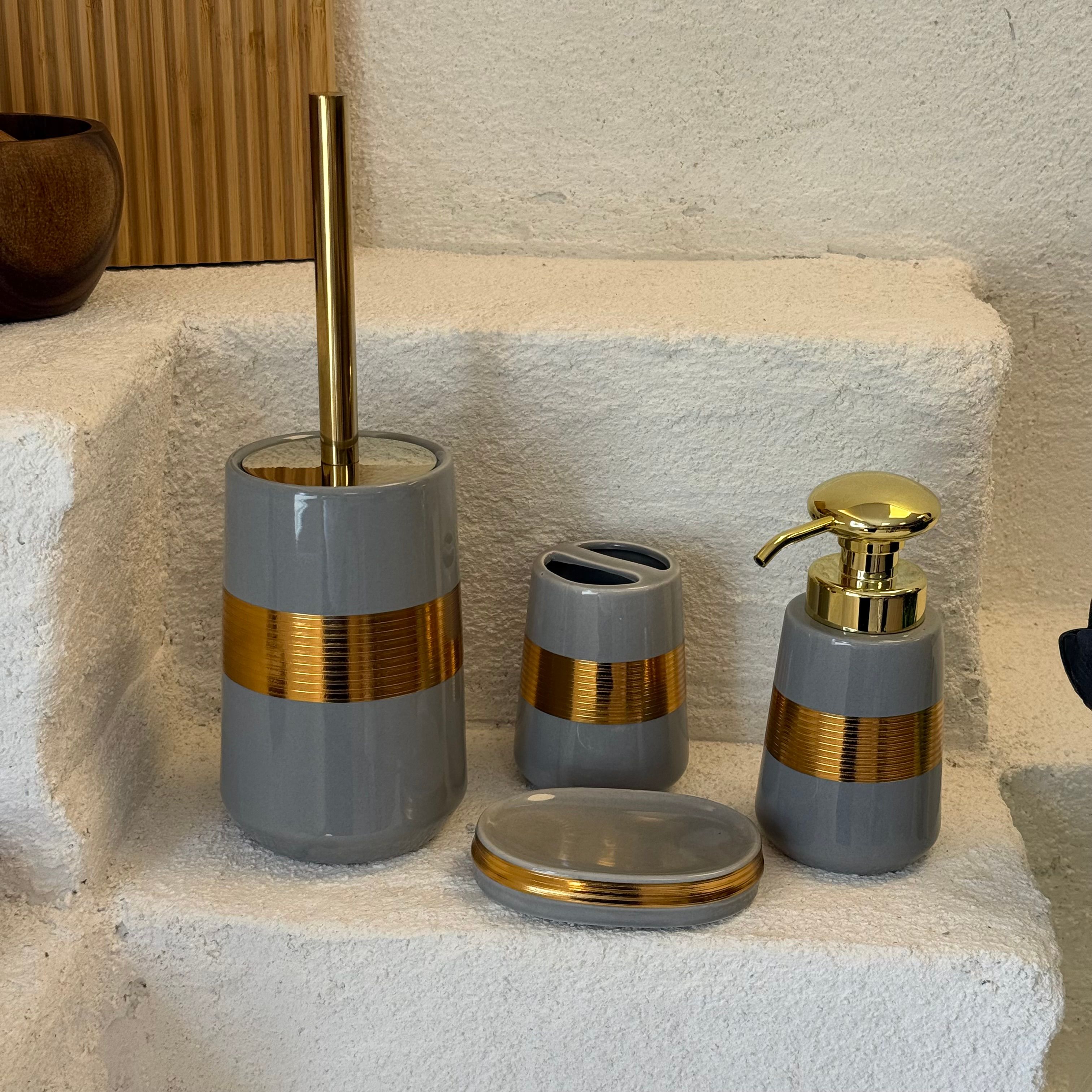 Kipra Porselen Banyo Seti 4 Parça Gri-Gold 