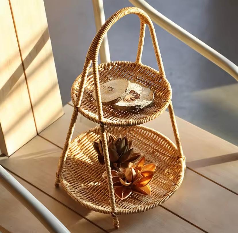 Deo Rattan İki Katlı Meyvelik Sunumluk Naturel 