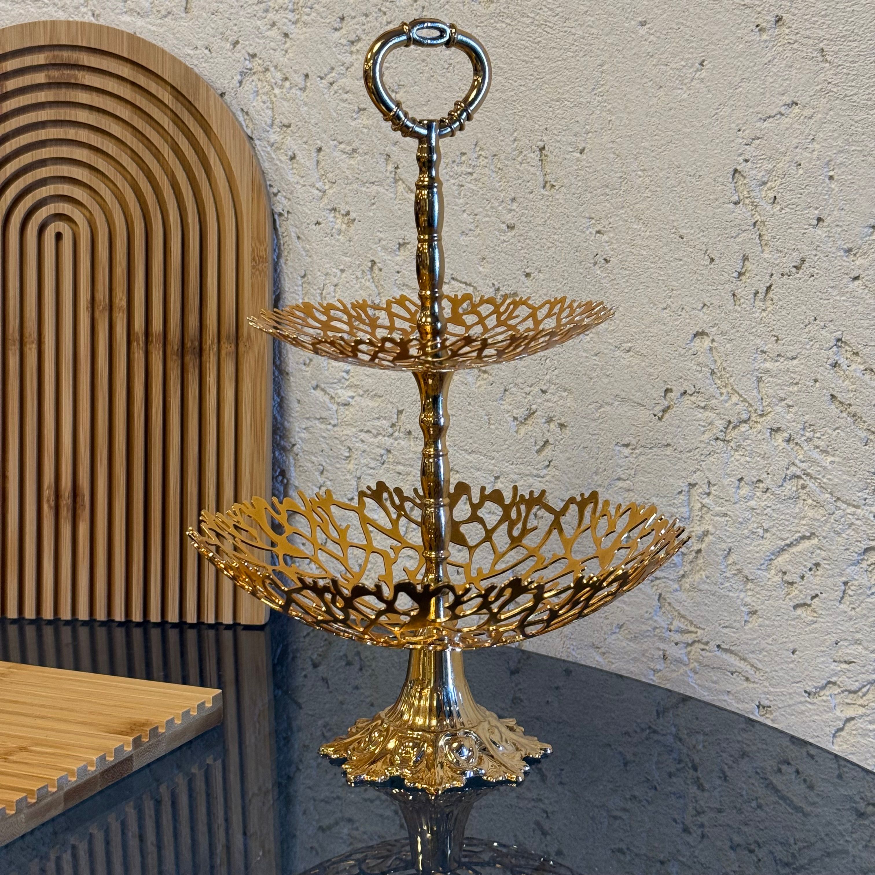 Evanev Lazer Kesim İki Katlı Ayaklı Meyvelik Gold 30 cm (İmkansız Fiyatlarda)