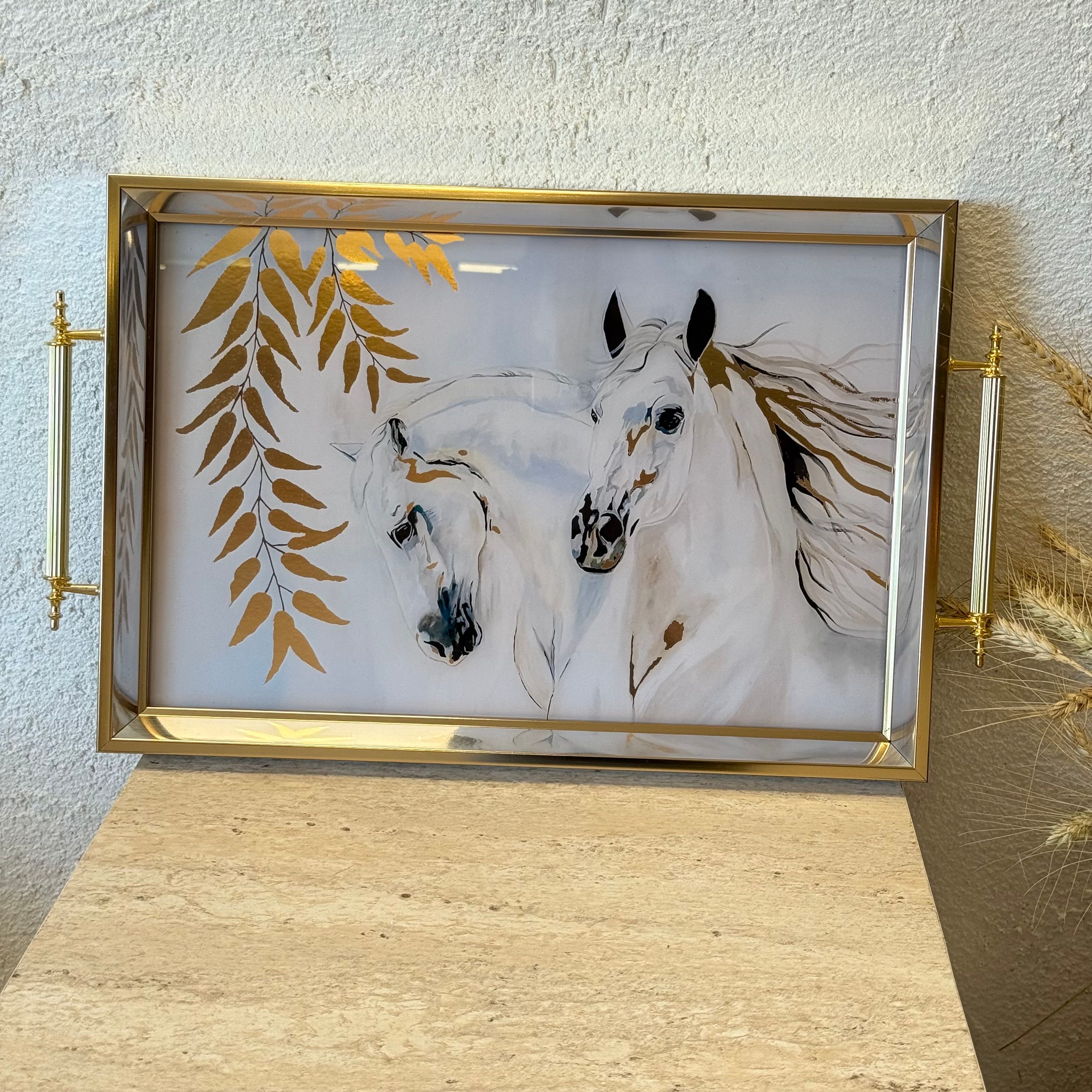Horse Büyük Boy Lüks Gold Detaylı Tepsi Beyaz 48x29 cm 