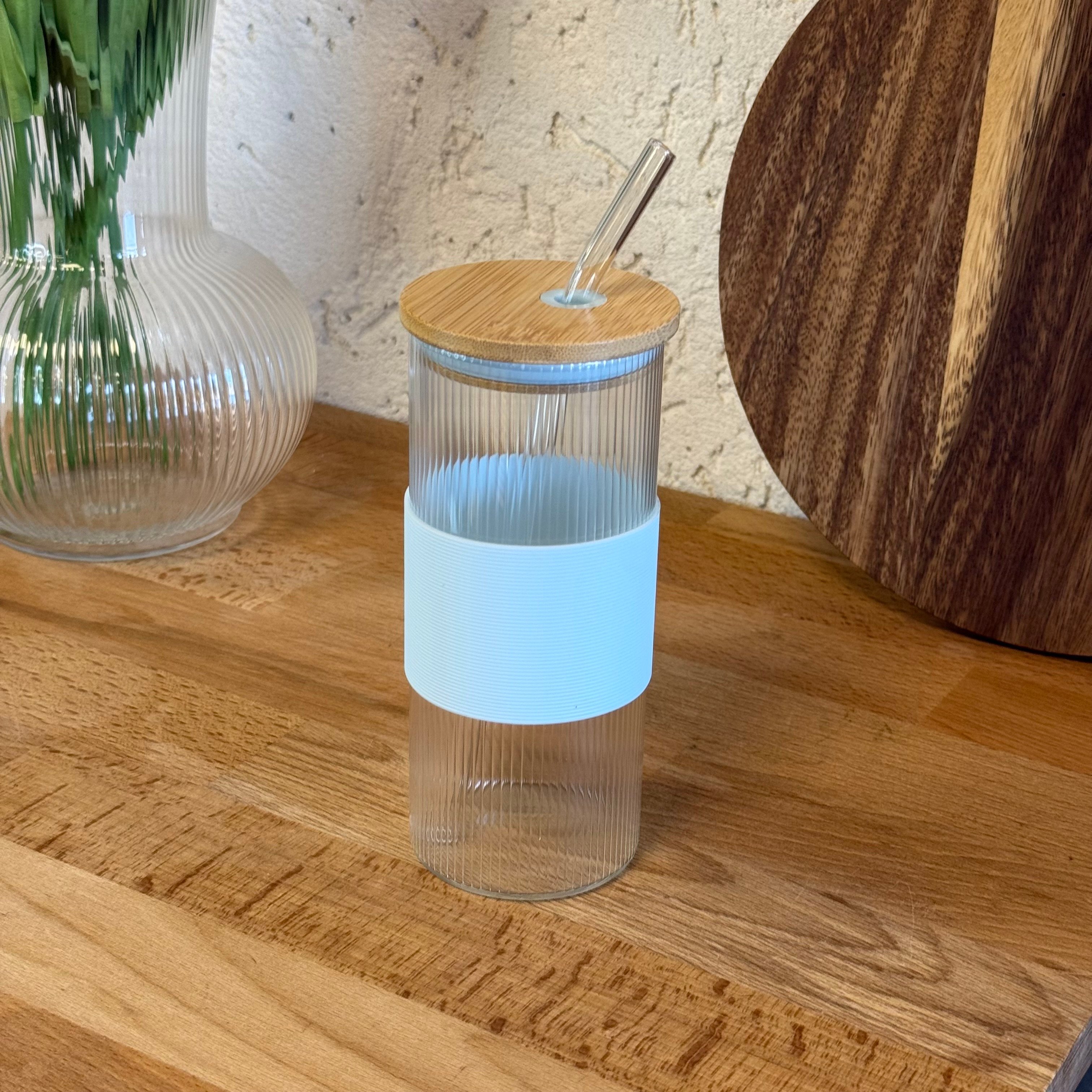 Buhara Silikon Tutmalı Yuvarlak İnce Çizgi Borosilikat Cam Bardak 400 ML Turkuaz 