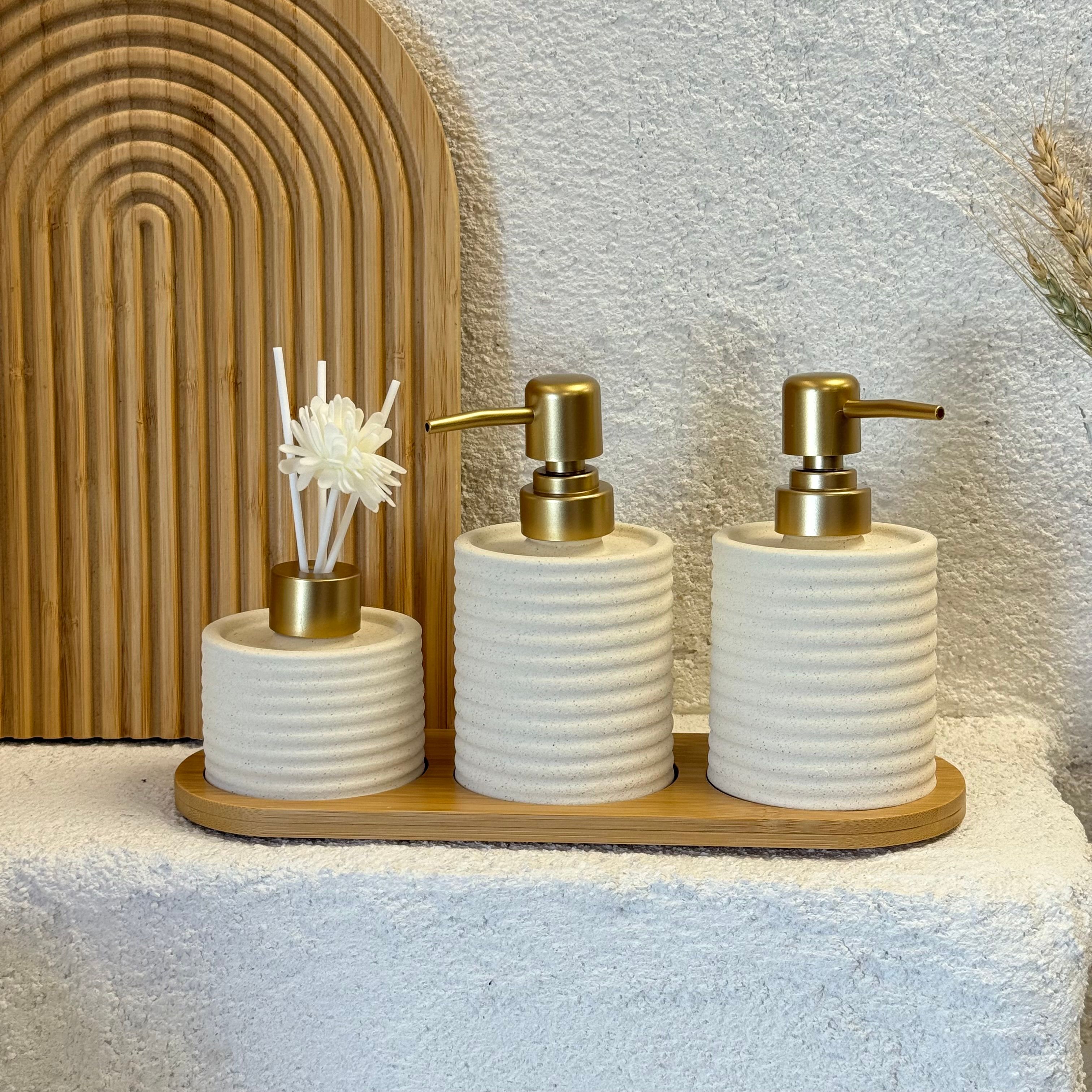 Buenos Lüks Porselen Banyo Seti Krem 4 Parça Bambu Standlı 