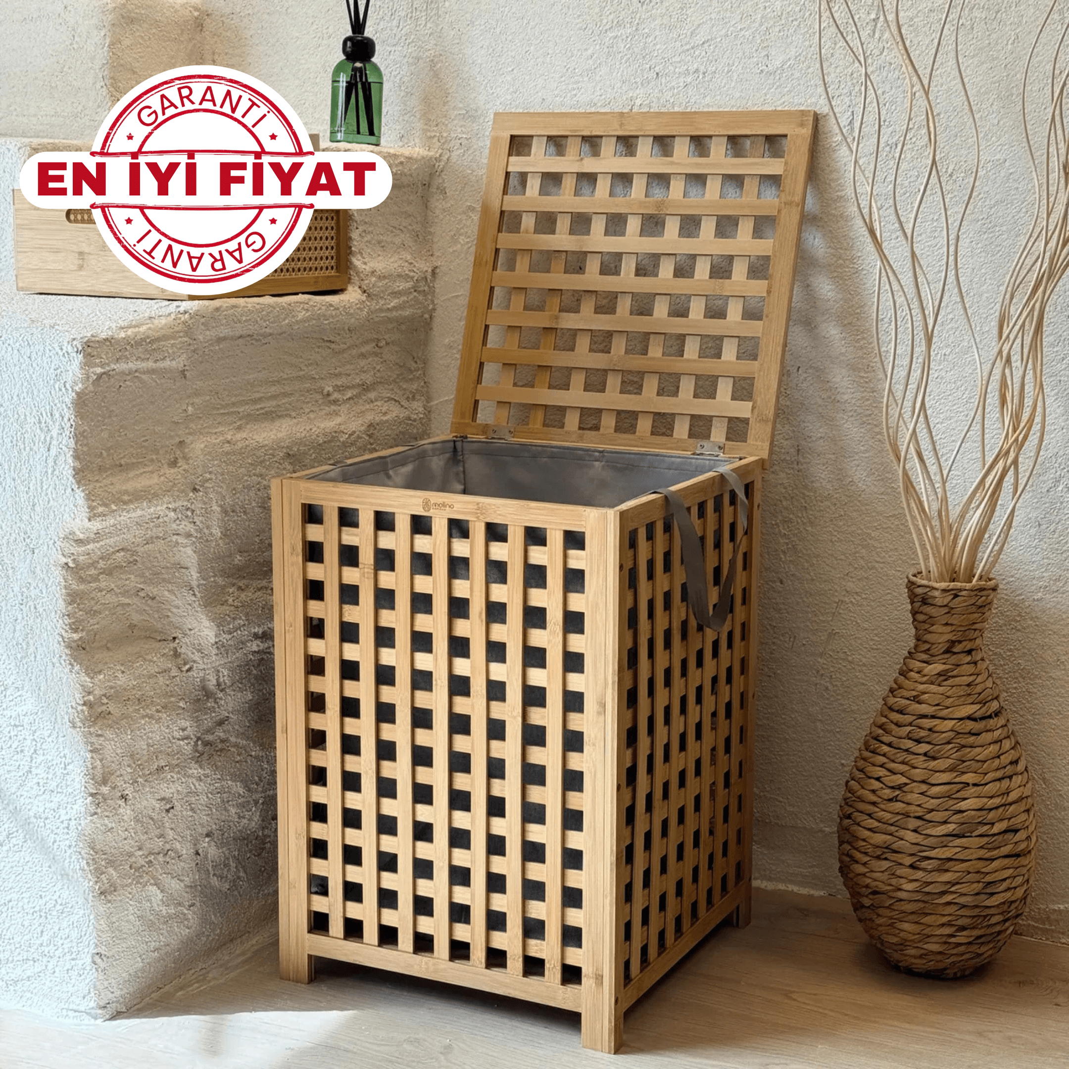 Andy Bambu Ekose Kirli Çamaşır Sepeti 62x45x45 cm (En İyi Fiyat Garantisi) Gri 