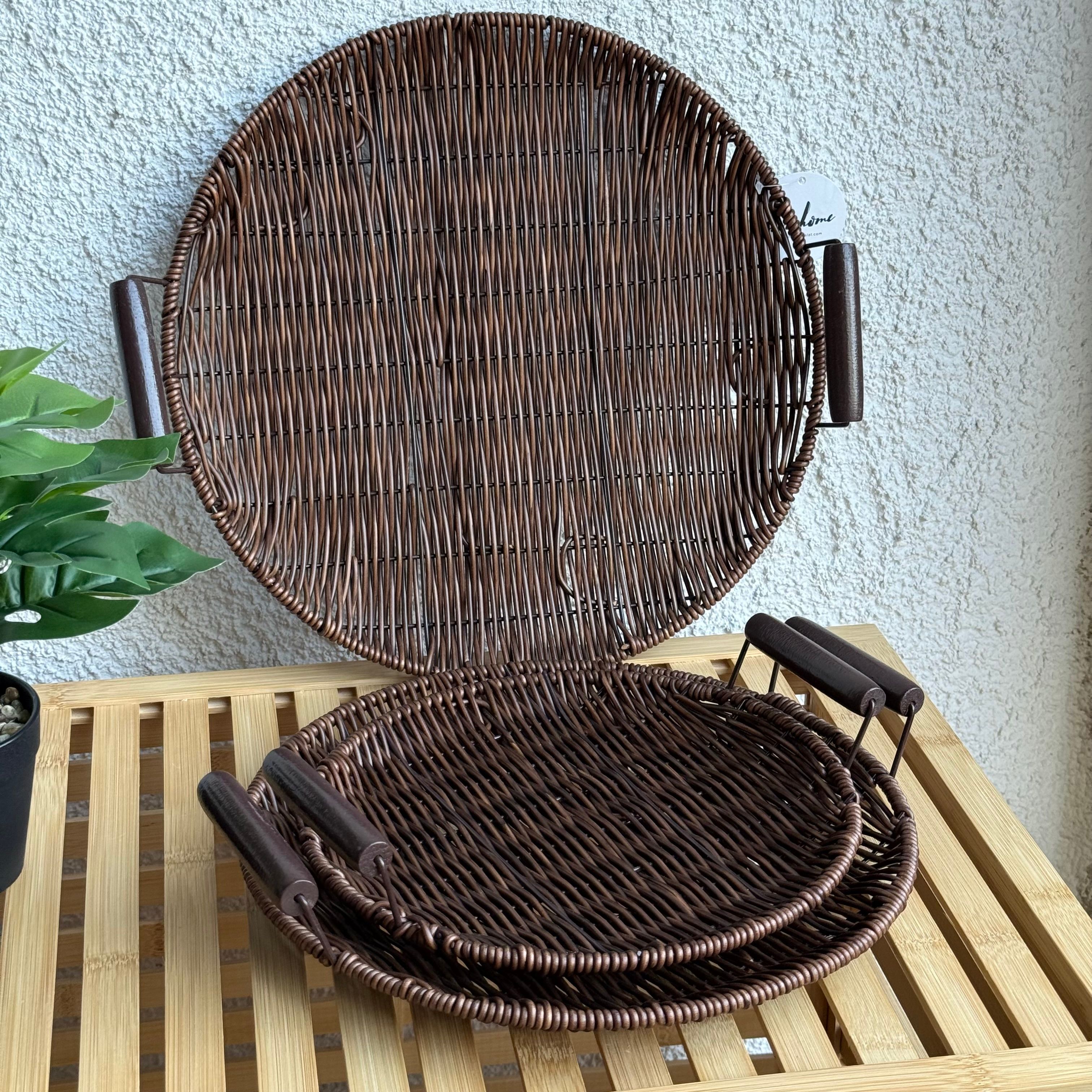 Rattan Kulplu 3 Boy Yuvarlak Tepsi Seti Kahve Rengi 