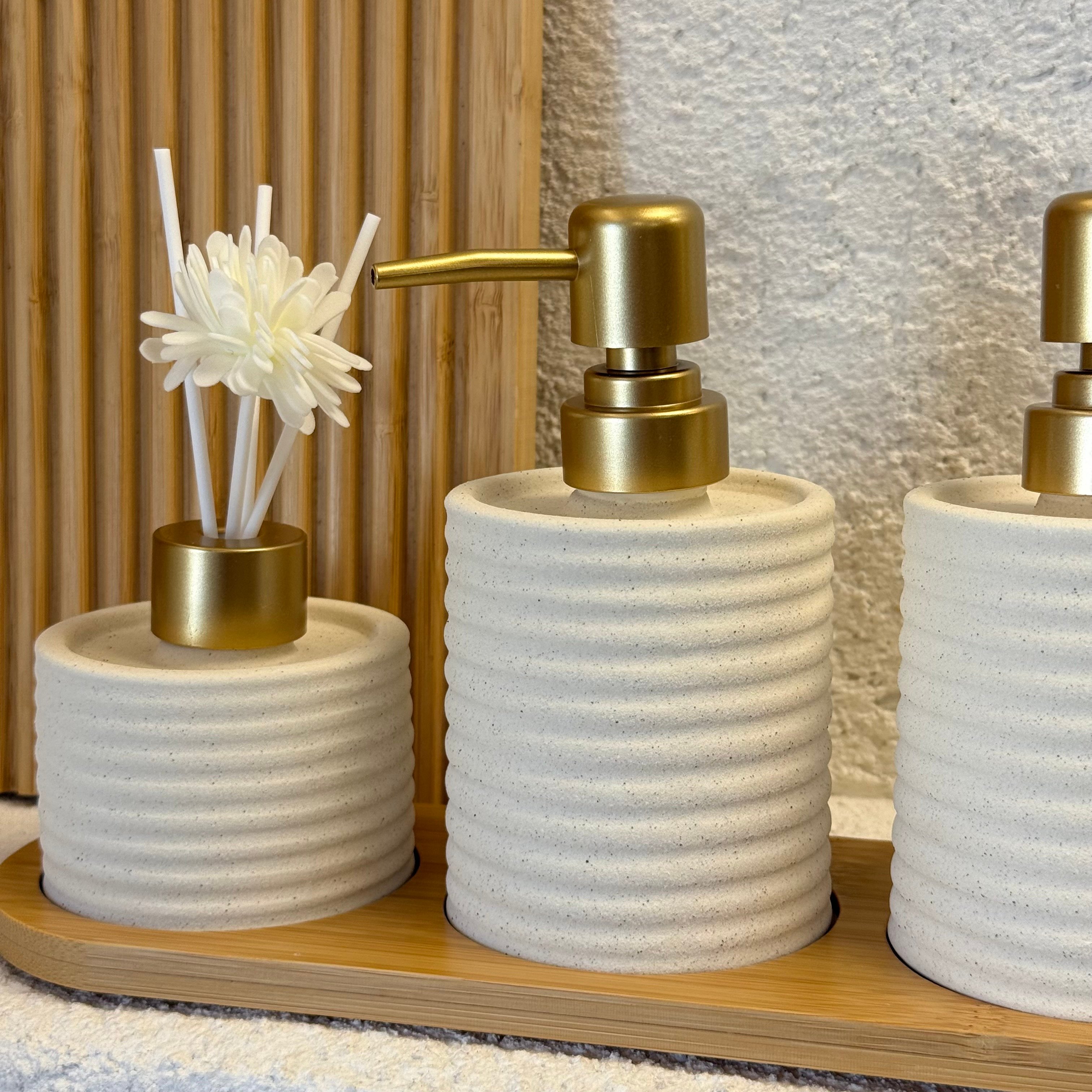 Buenos Lüks Porselen Banyo Seti Krem 4 Parça Bambu Standlı 