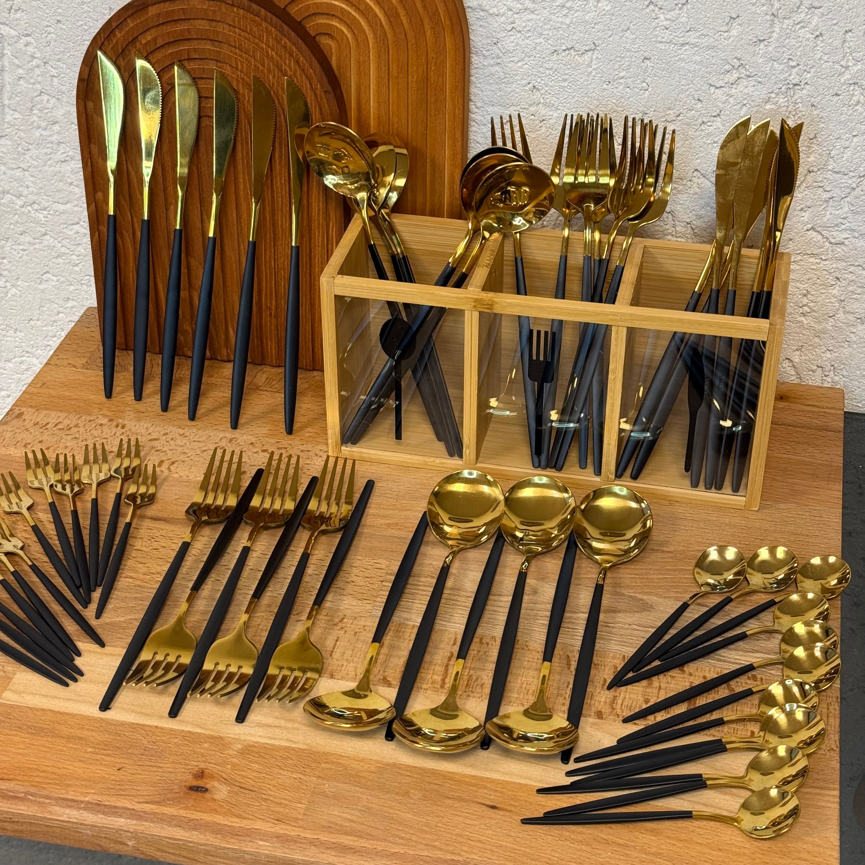 Zra Model 60 Parça Çatal Kaşık Bıçak Seti Siyah-Gold (Çok Satanlarda) 12 Kişilik
