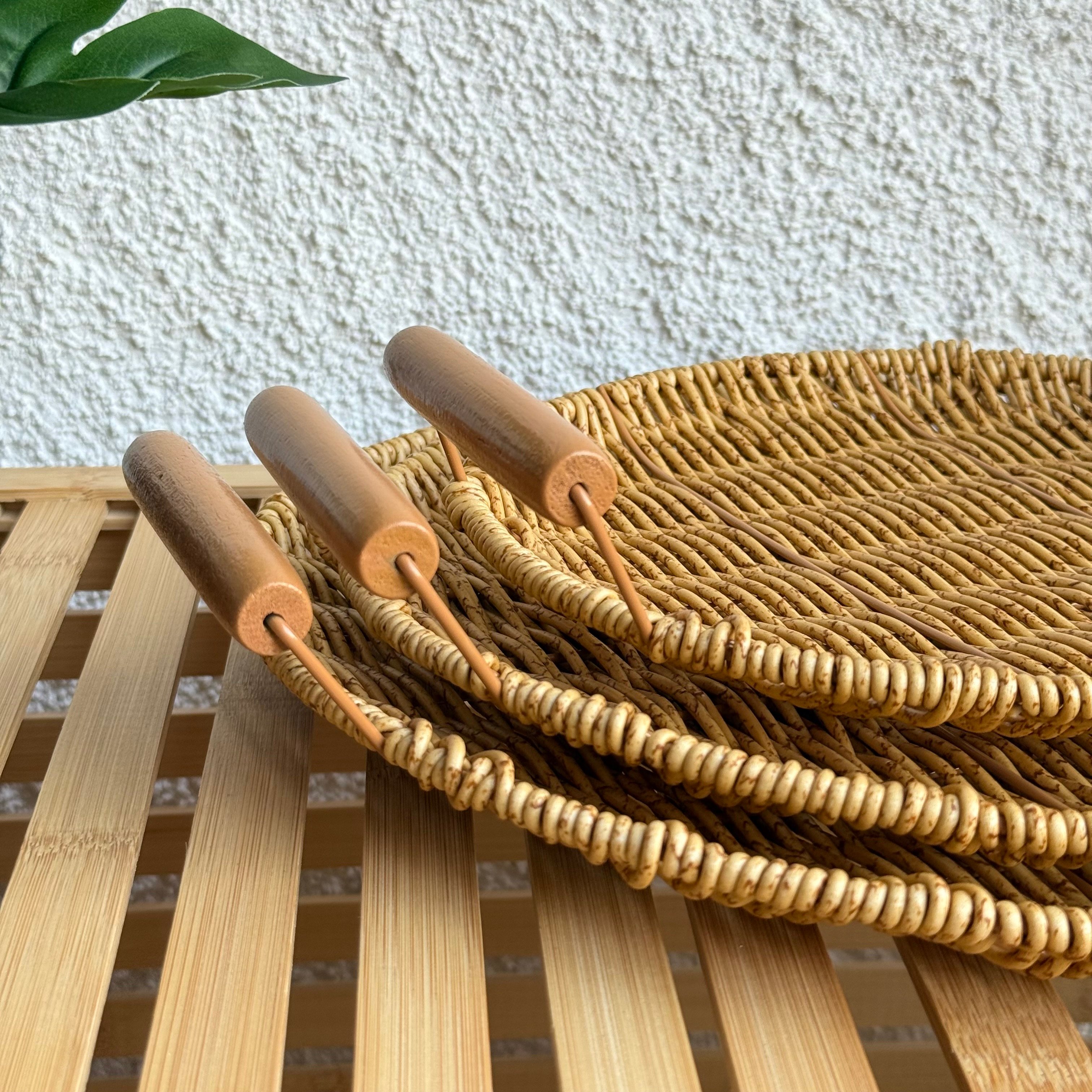 Rattan Kulplu 3 Boy Yuvarlak Tepsi Seti Naturel 