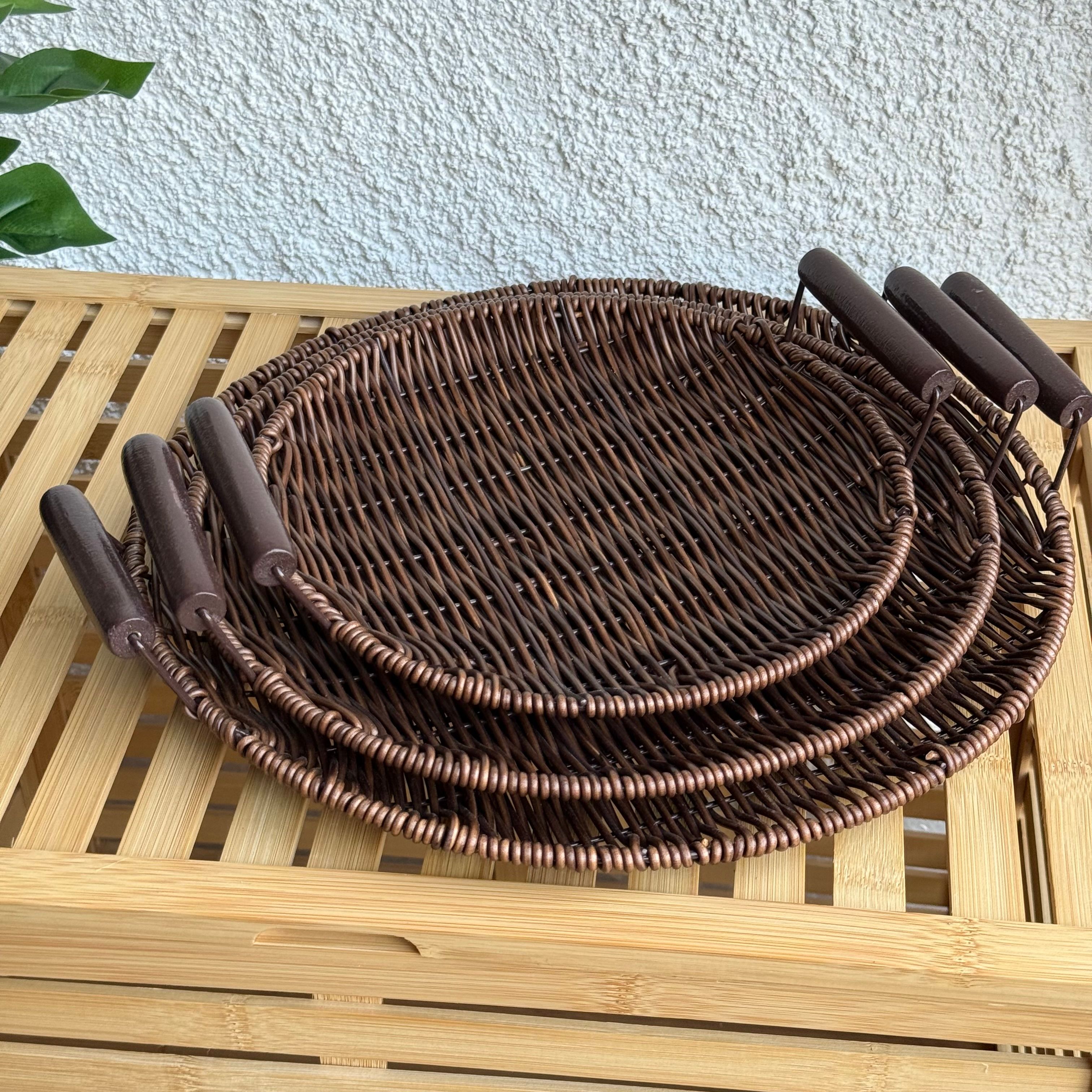 Rattan Kulplu 3 Boy Yuvarlak Tepsi Seti Kahve Rengi 