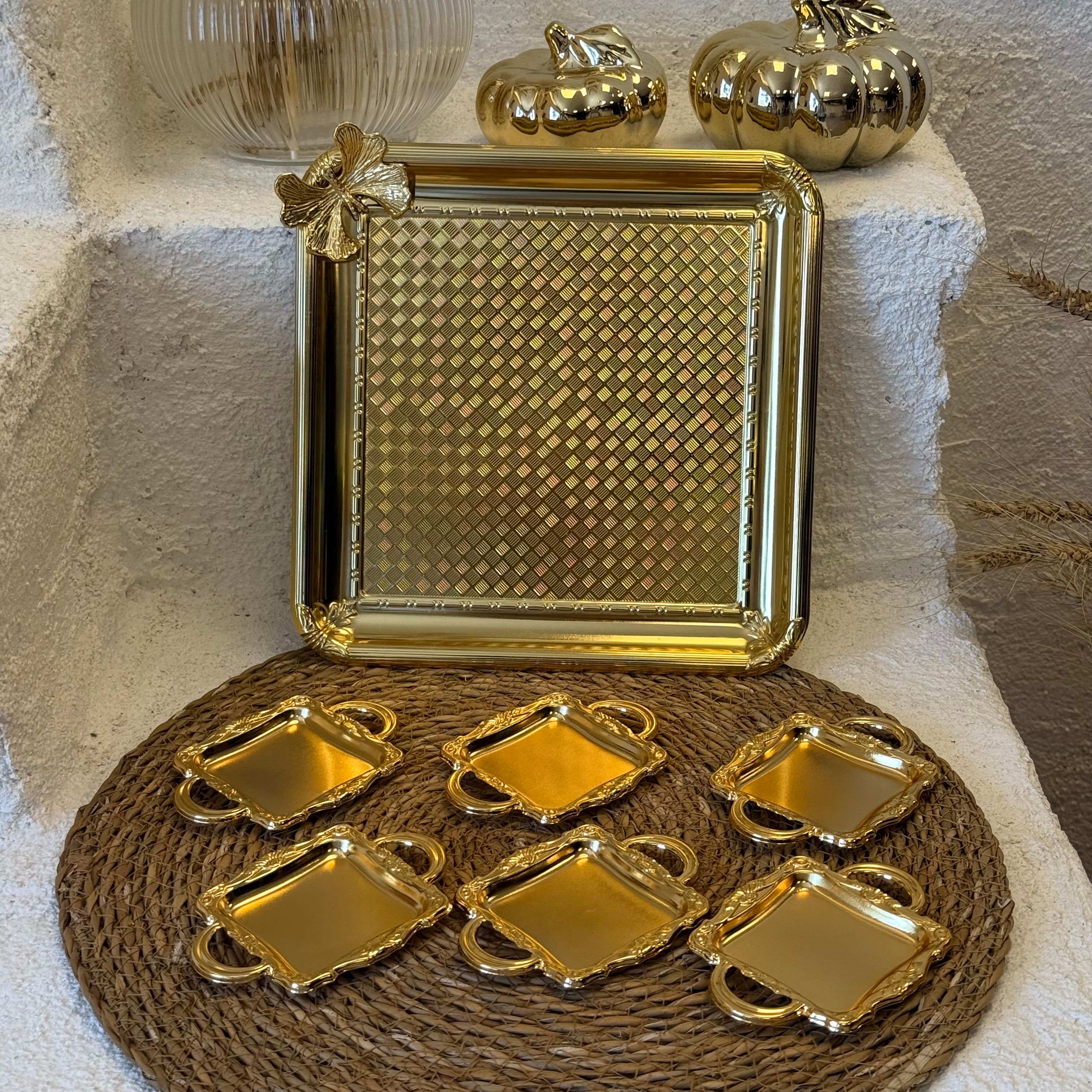 Cooker Kelebekli Kare Tepsi Alana, 6 Adet Kare Mini Sunumluk Hediye Gold 
