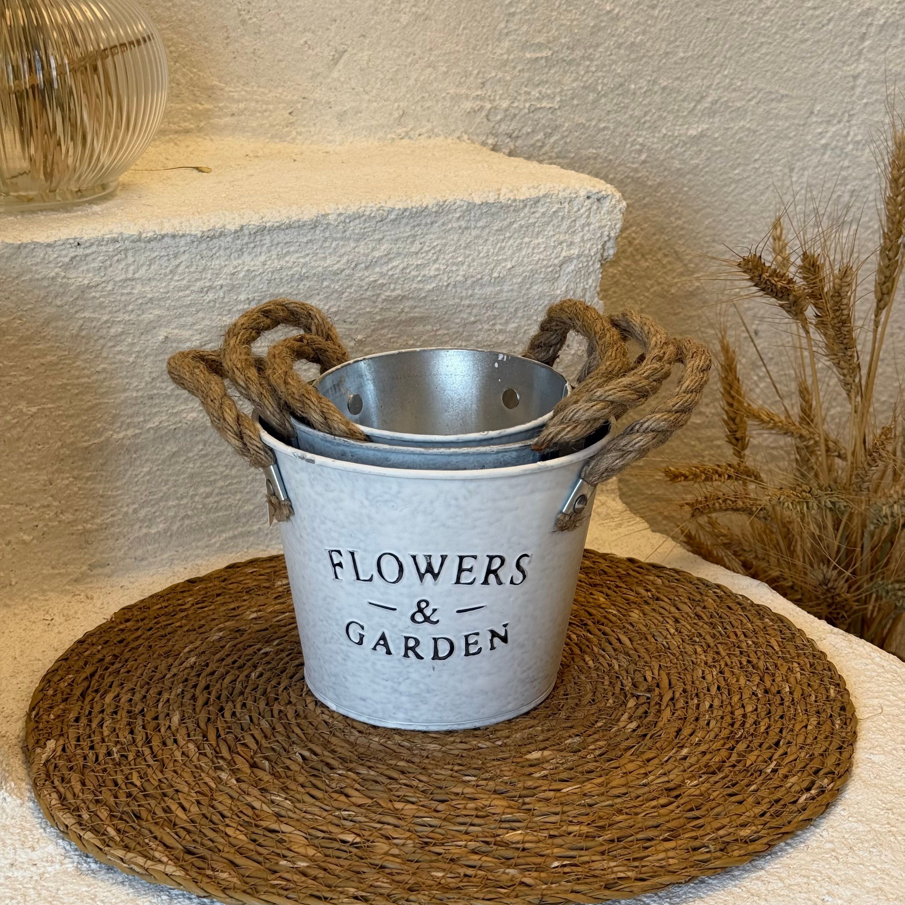 Flowers 3 Boy Metal Hasır İpli Saksı Gri 