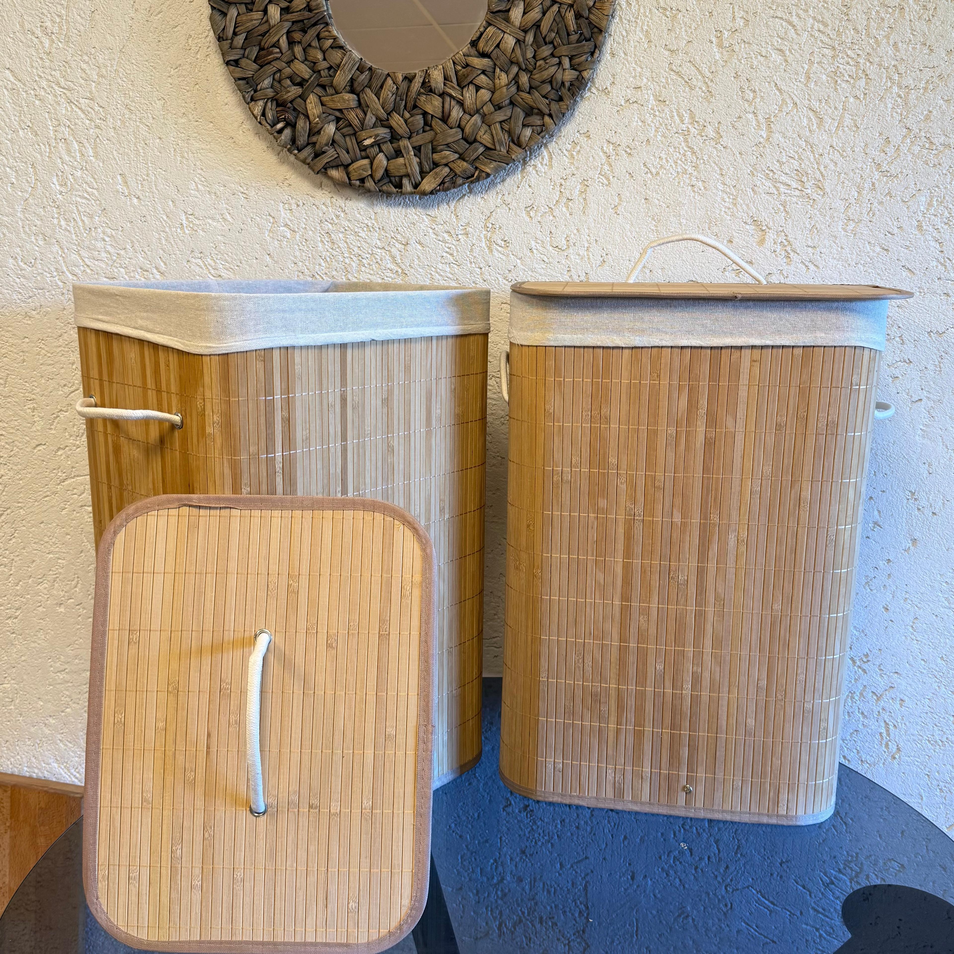 İvory 1 ALANA 1 BEDAVA Dikdörtgen Bambu Kirli Çamaşır Sepeti Naturel 58x38x29 CM 