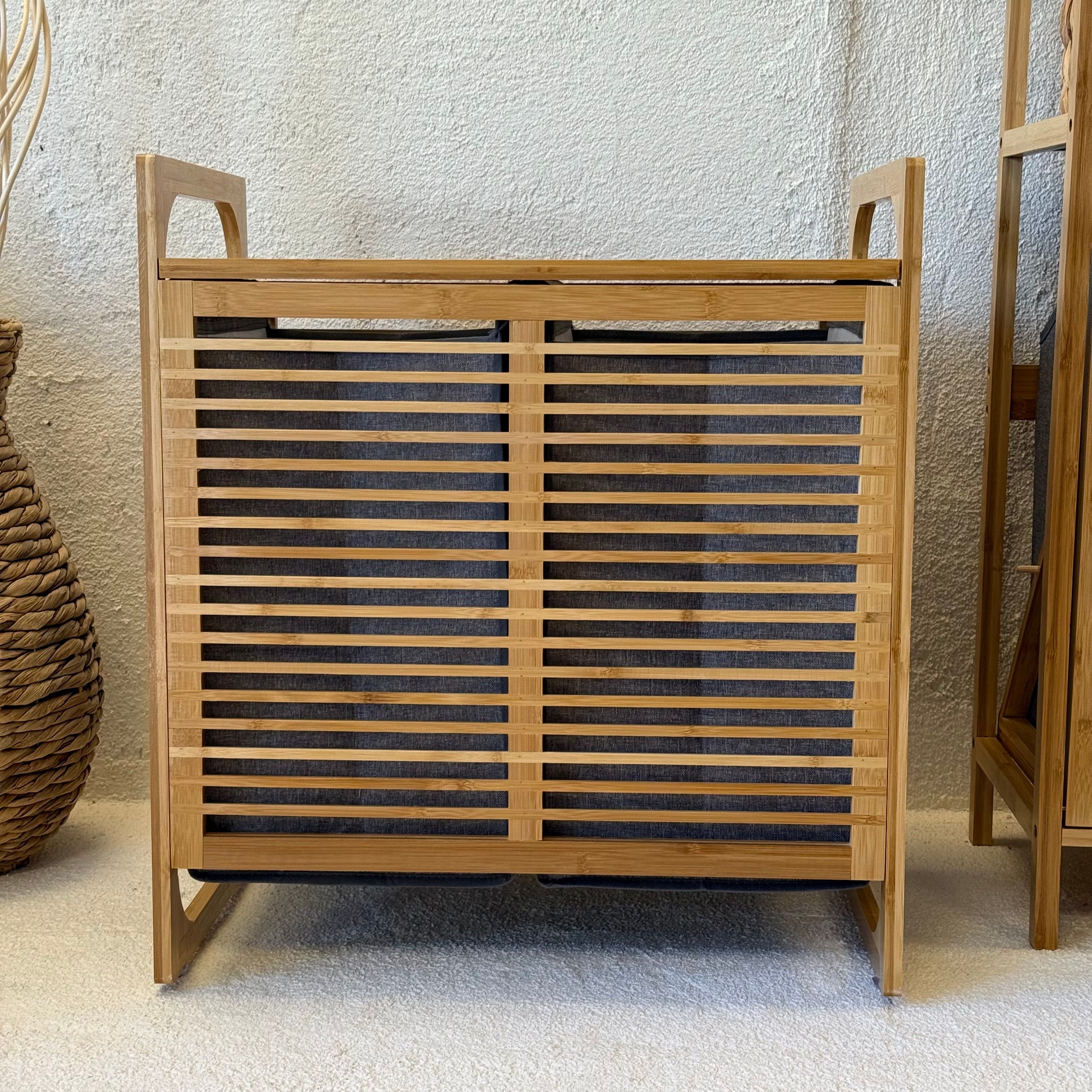 Powder 2 Bölmeli Bambu Kapaklı Kirli Çamaşır Sepeti 61x54,5x35 cm Gri 