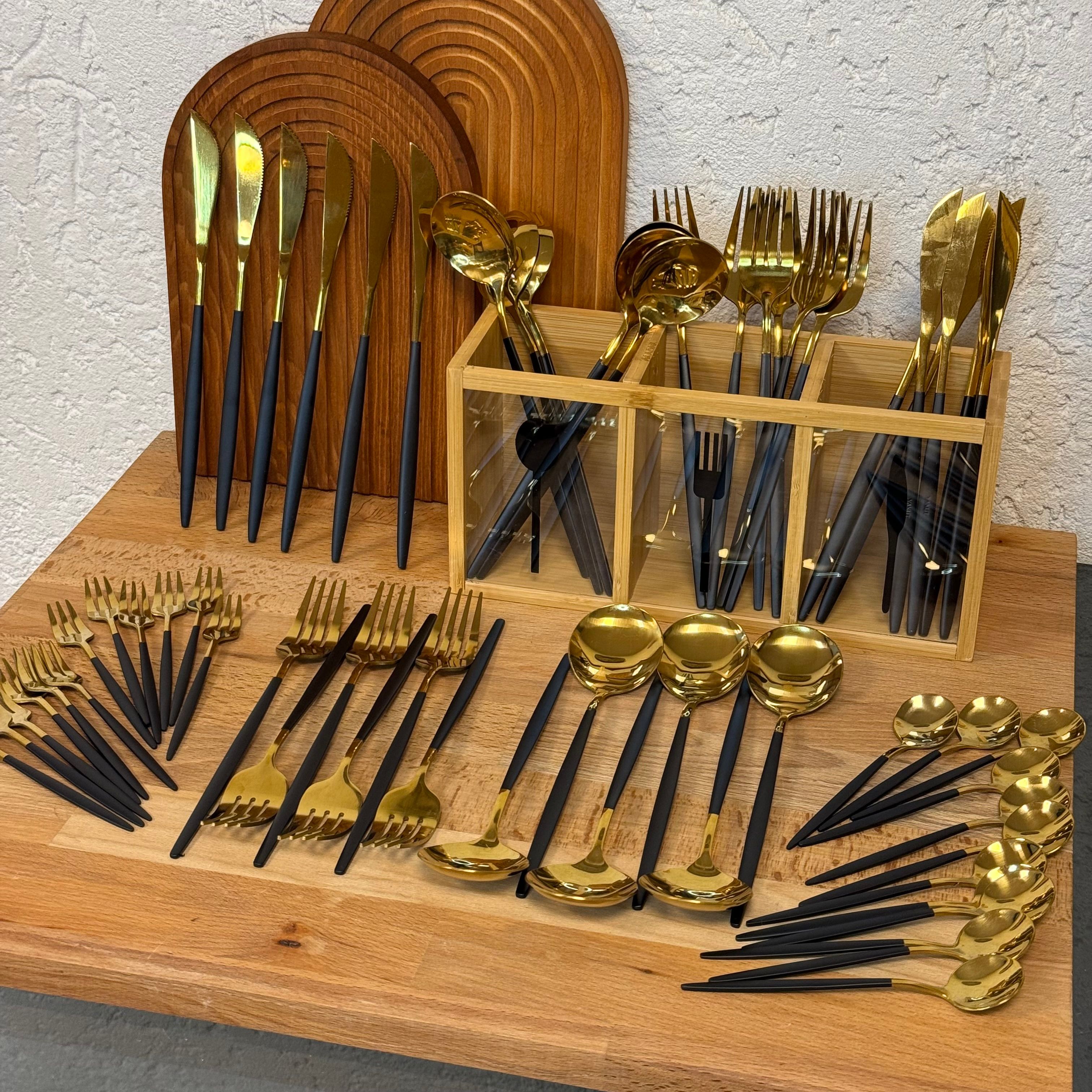 Zra Model 60 Parça Çatal Kaşık Bıçak Seti Siyah-Gold (Çok Satanlarda) 12 Kişilik