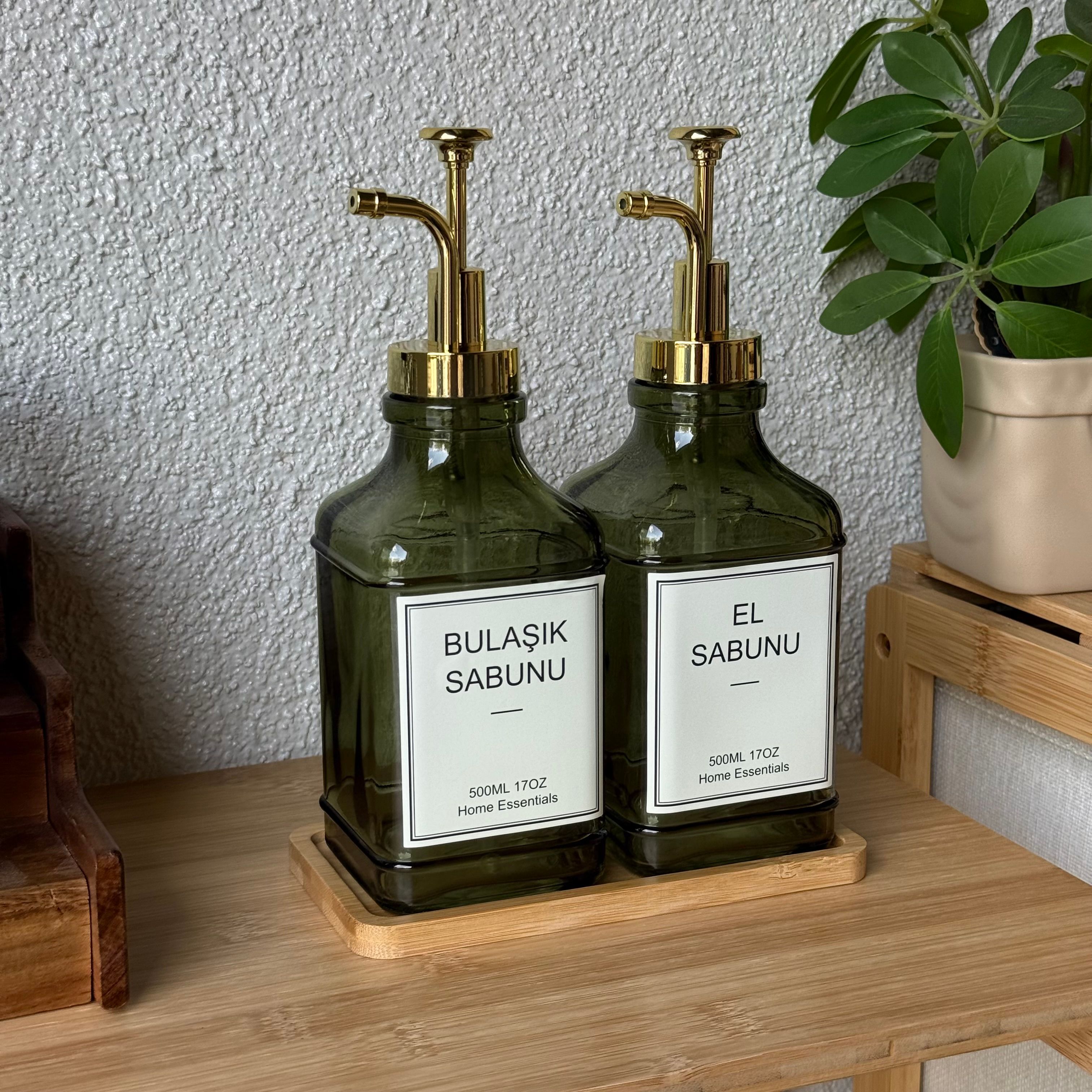 Lucia Bambu Standlı İkili Cam Kare Sıvı Sabunluk Seti Yeşil 500 ml 