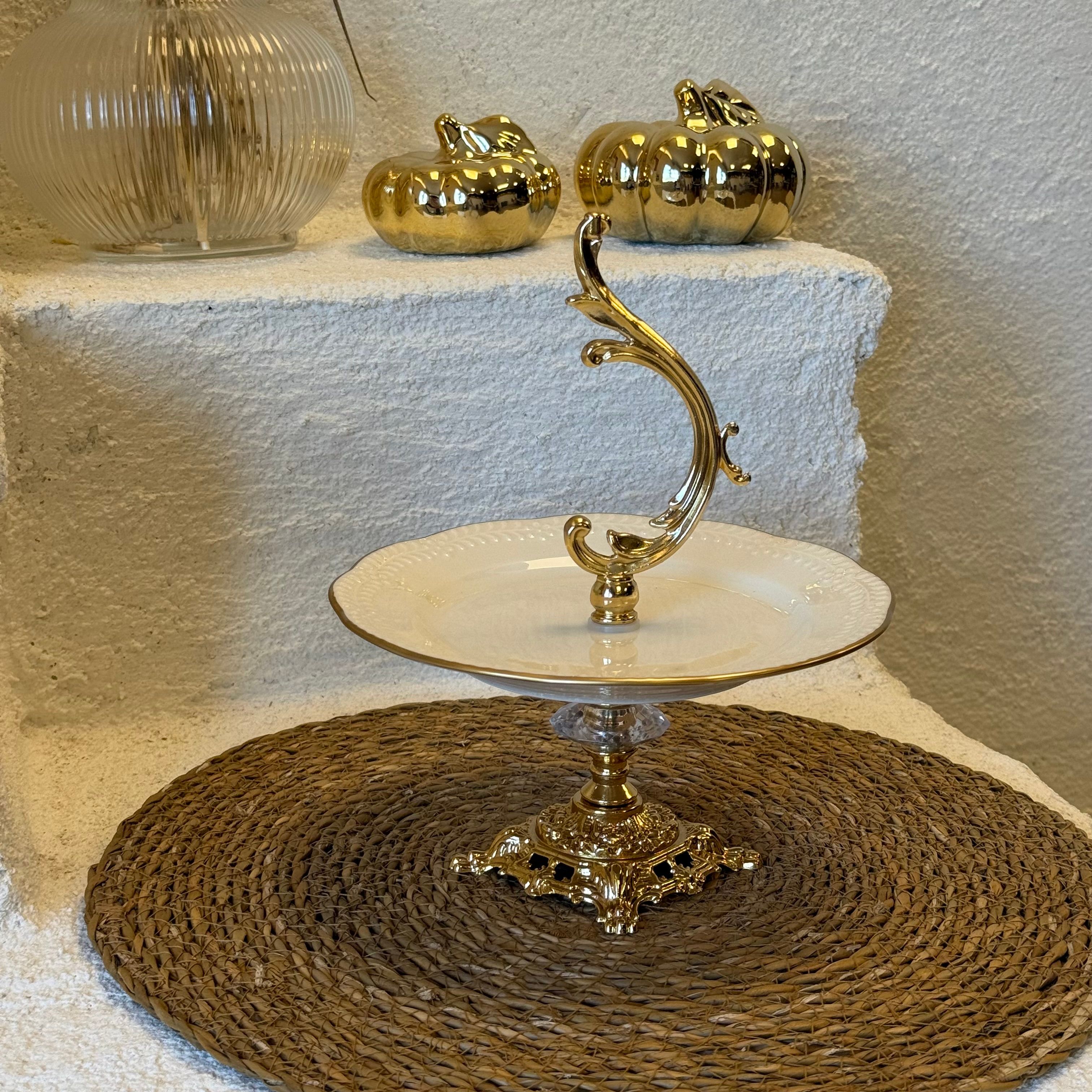 Lüks Tutmalı Gold Ayaklı Porselen Sunumluk 19x19x24 cm (3732)