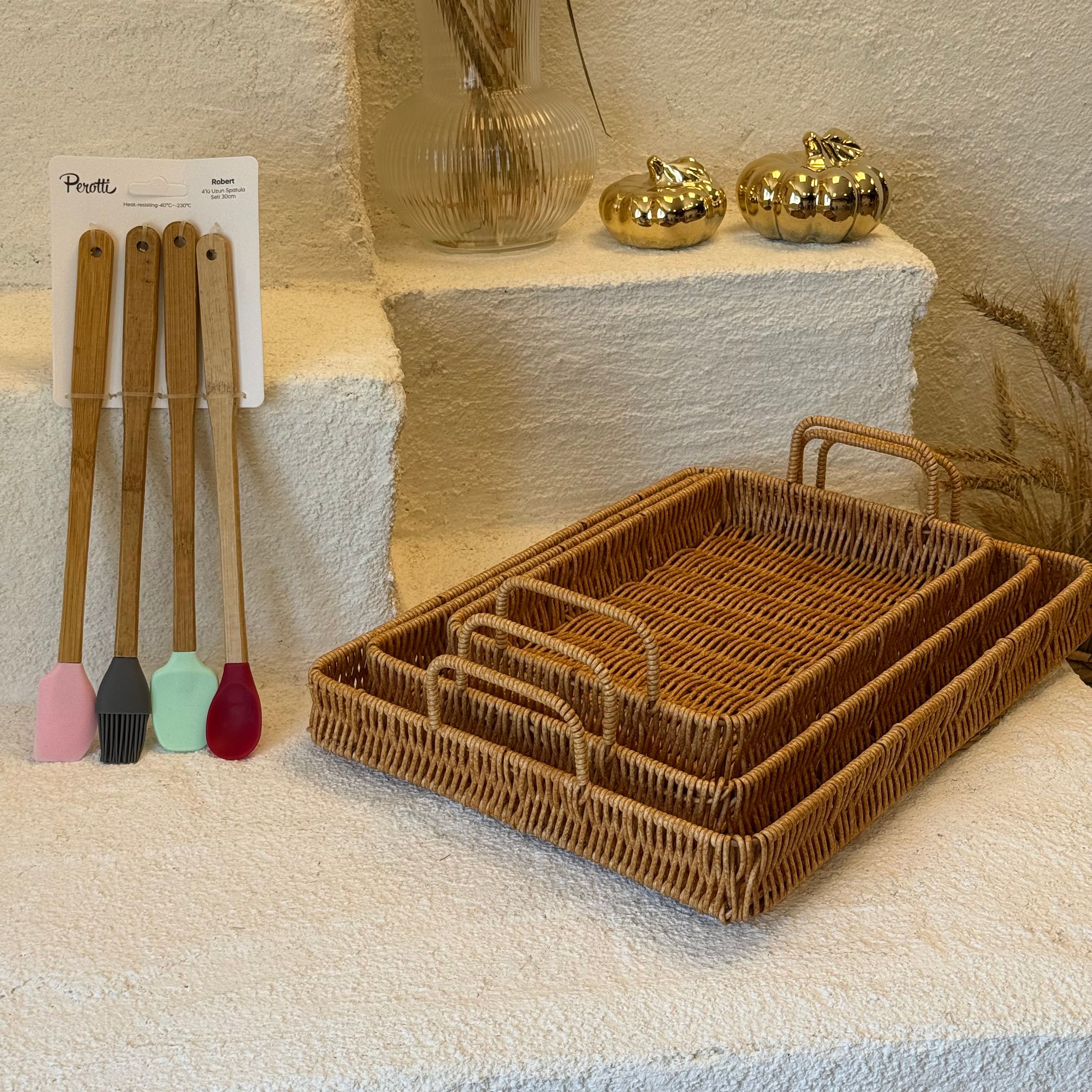 Rattan 3 Boy Tepsi Alana Bambu-Silikon Kaşık Seti Hediye 