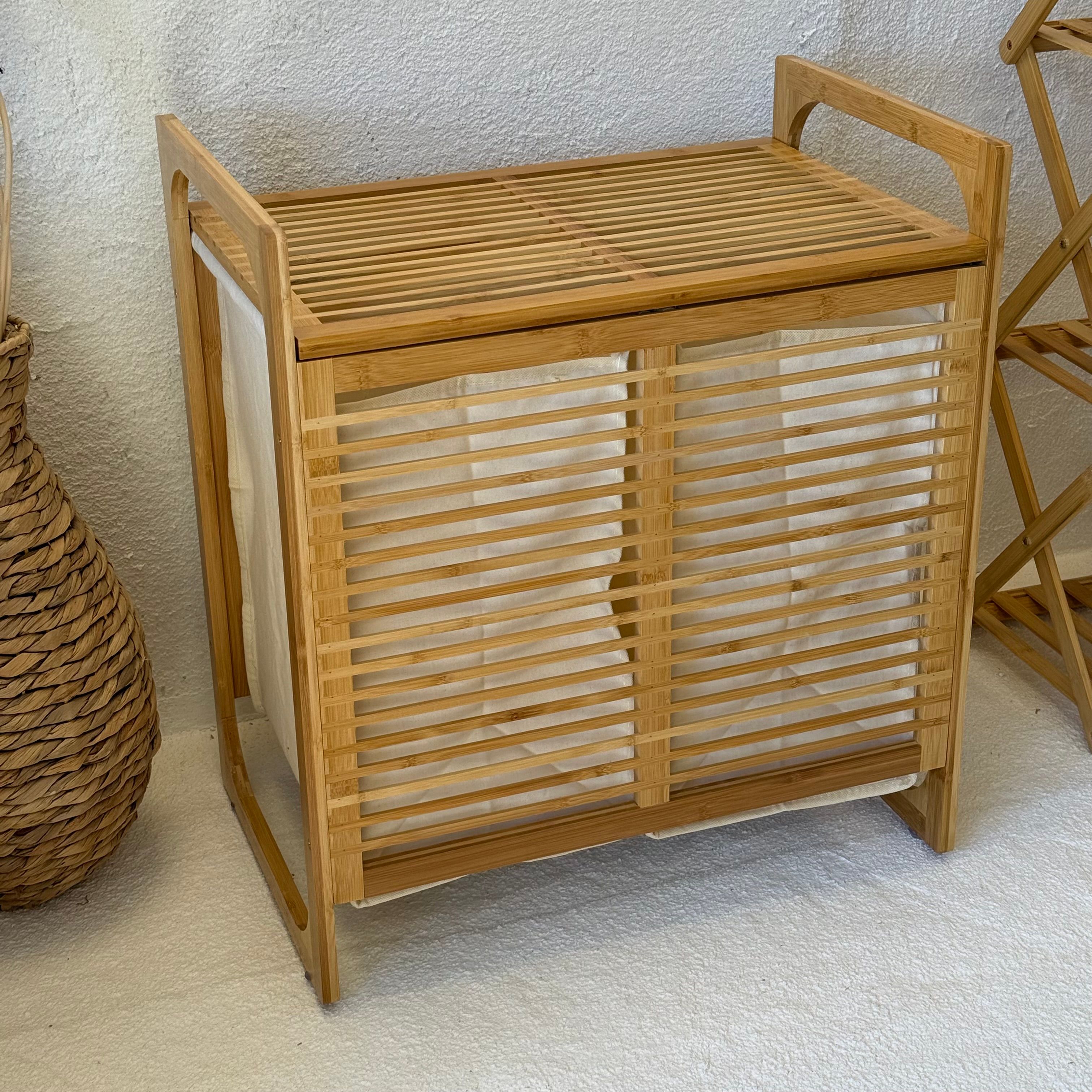 Powder 2 Bölmeli Bambu Kapaklı Kirli Çamaşır Sepeti 61x54,5x35 cm Krem 