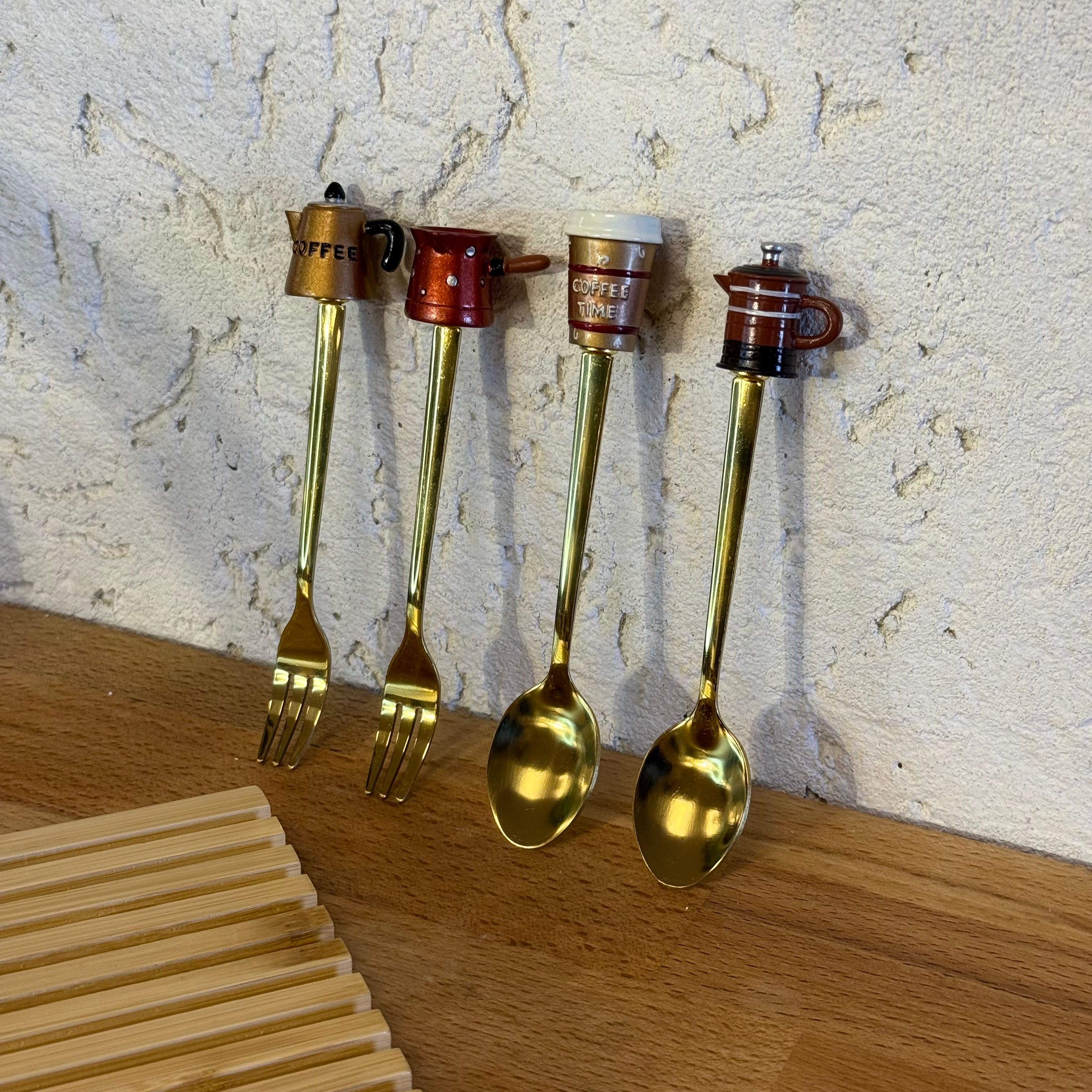 Arow 4 Lü Çatal Kaşık Seti Coffe Emoji Tutmalı Gold 14 cm 