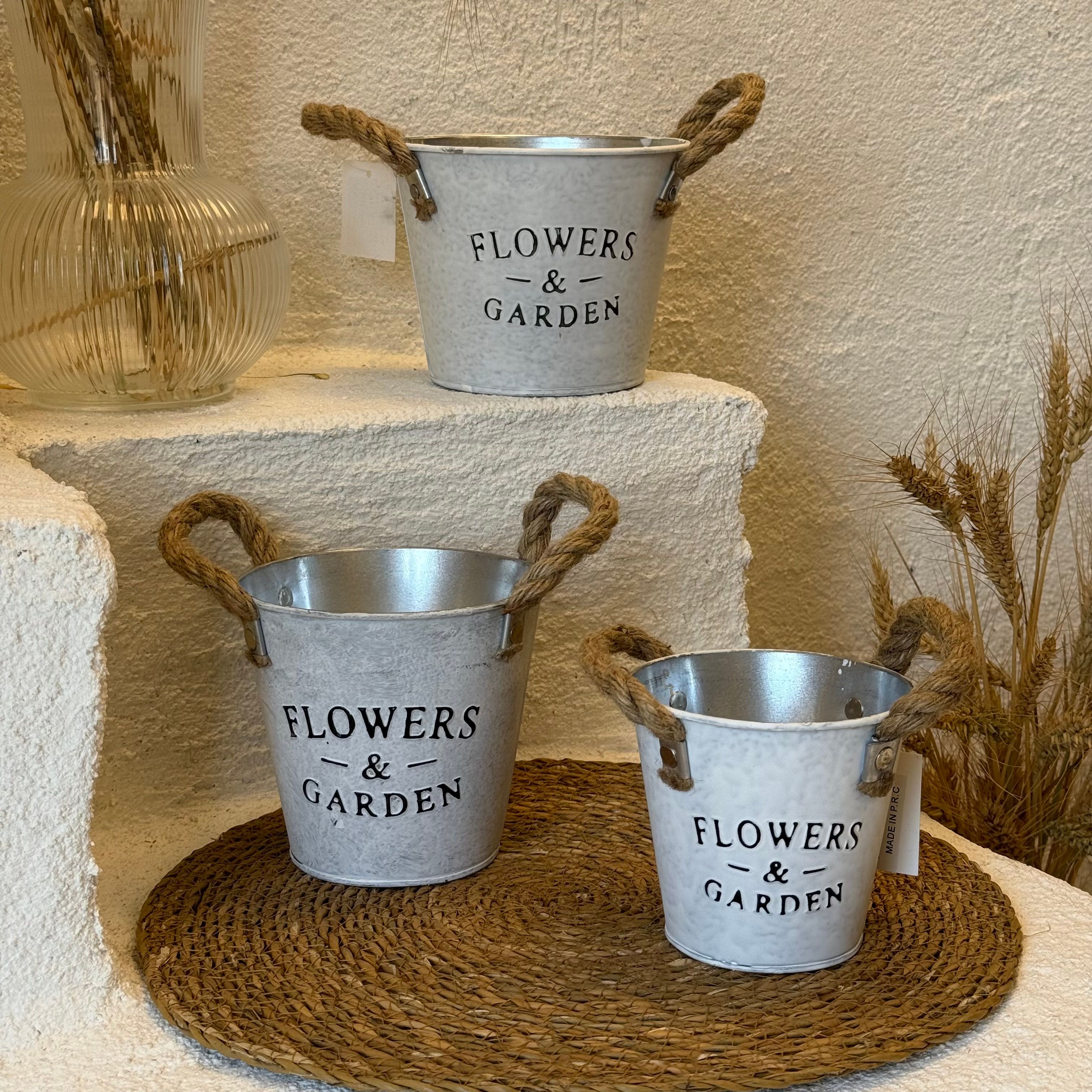 Flowers 3 Boy Metal Hasır İpli Saksı Gri 