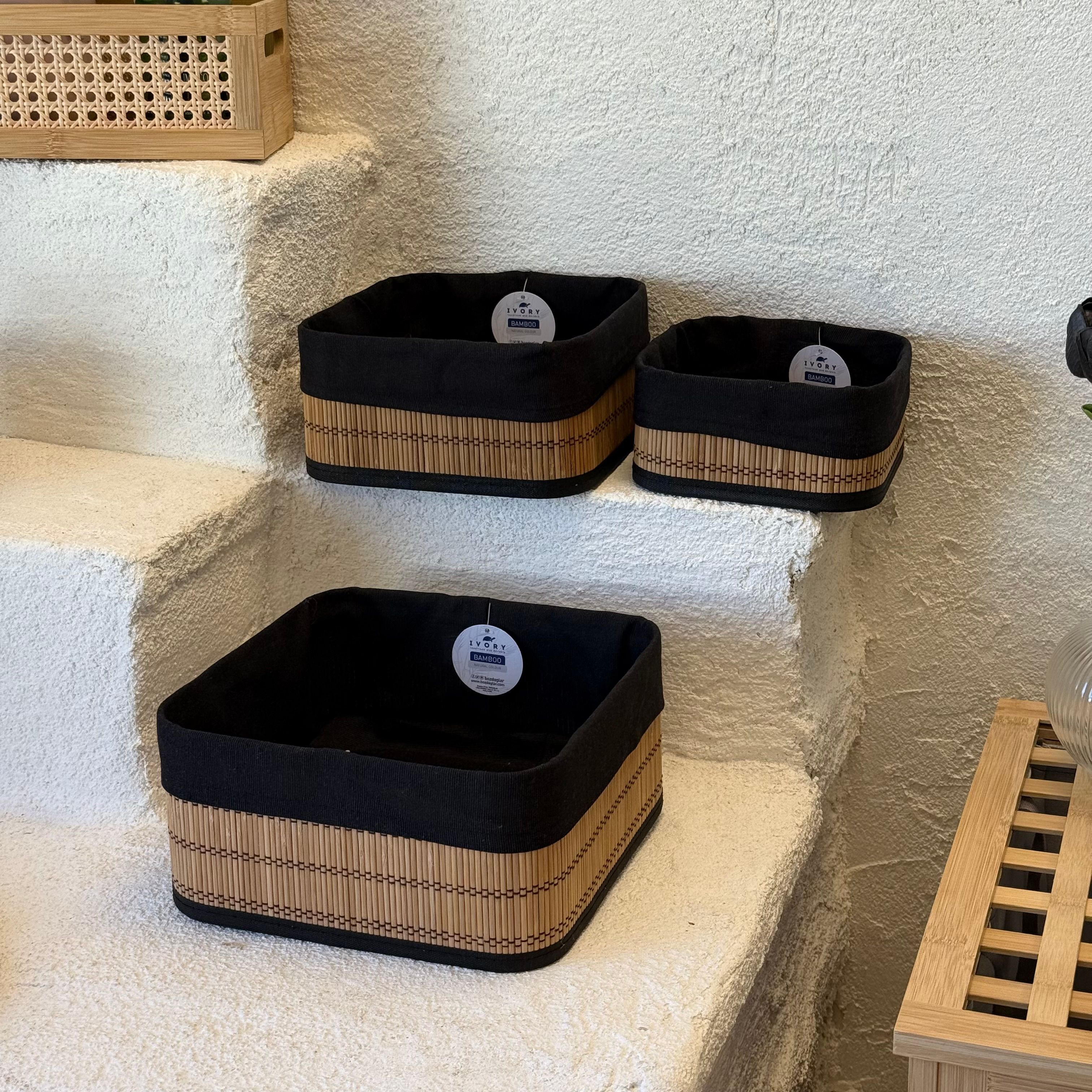 İvory Kare Siyah Astarlı Bambu Kare 3 Boy Organizer Seti 