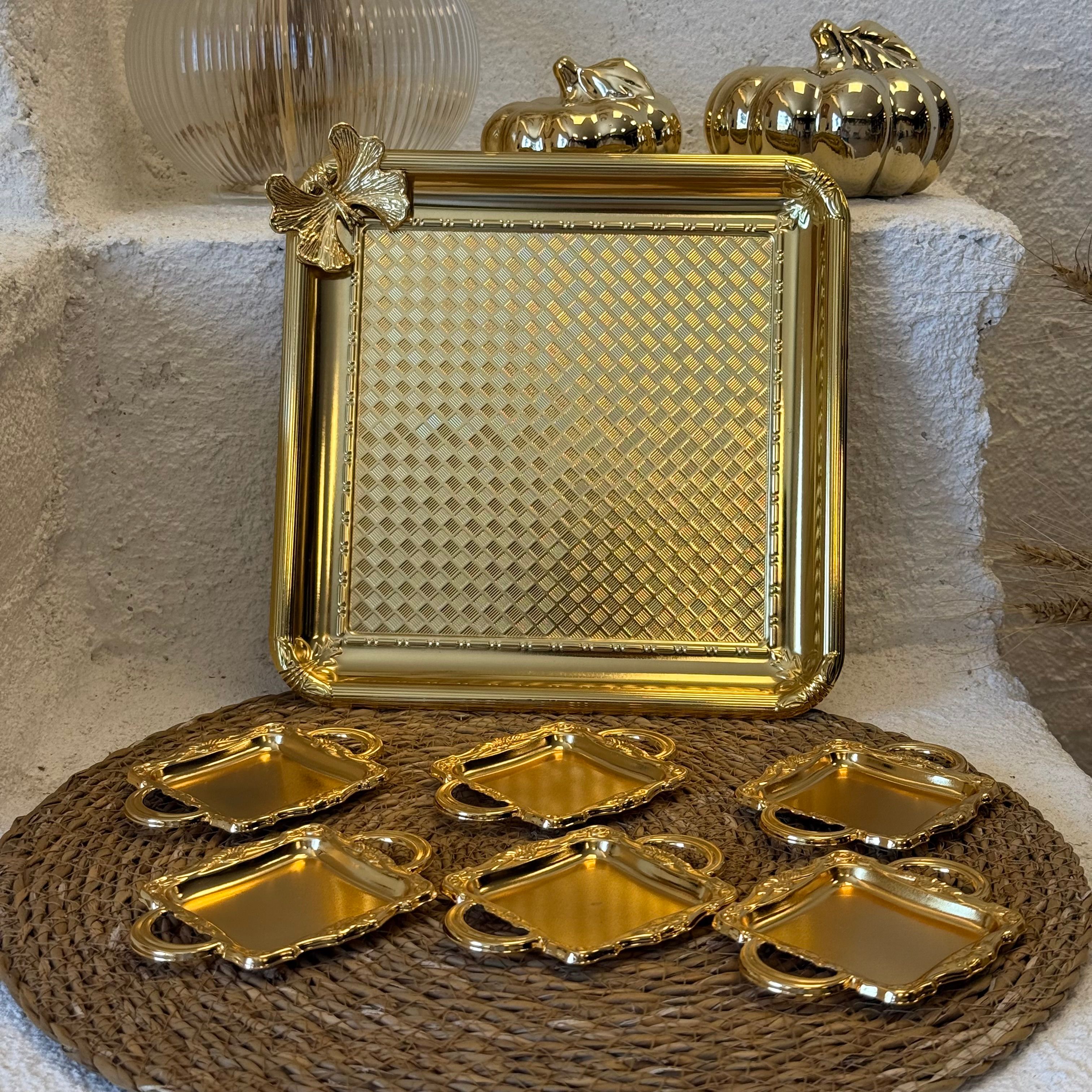 Cooker Kelebekli Kare Tepsi Alana, 6 Adet Kare Mini Sunumluk Hediye Gold 