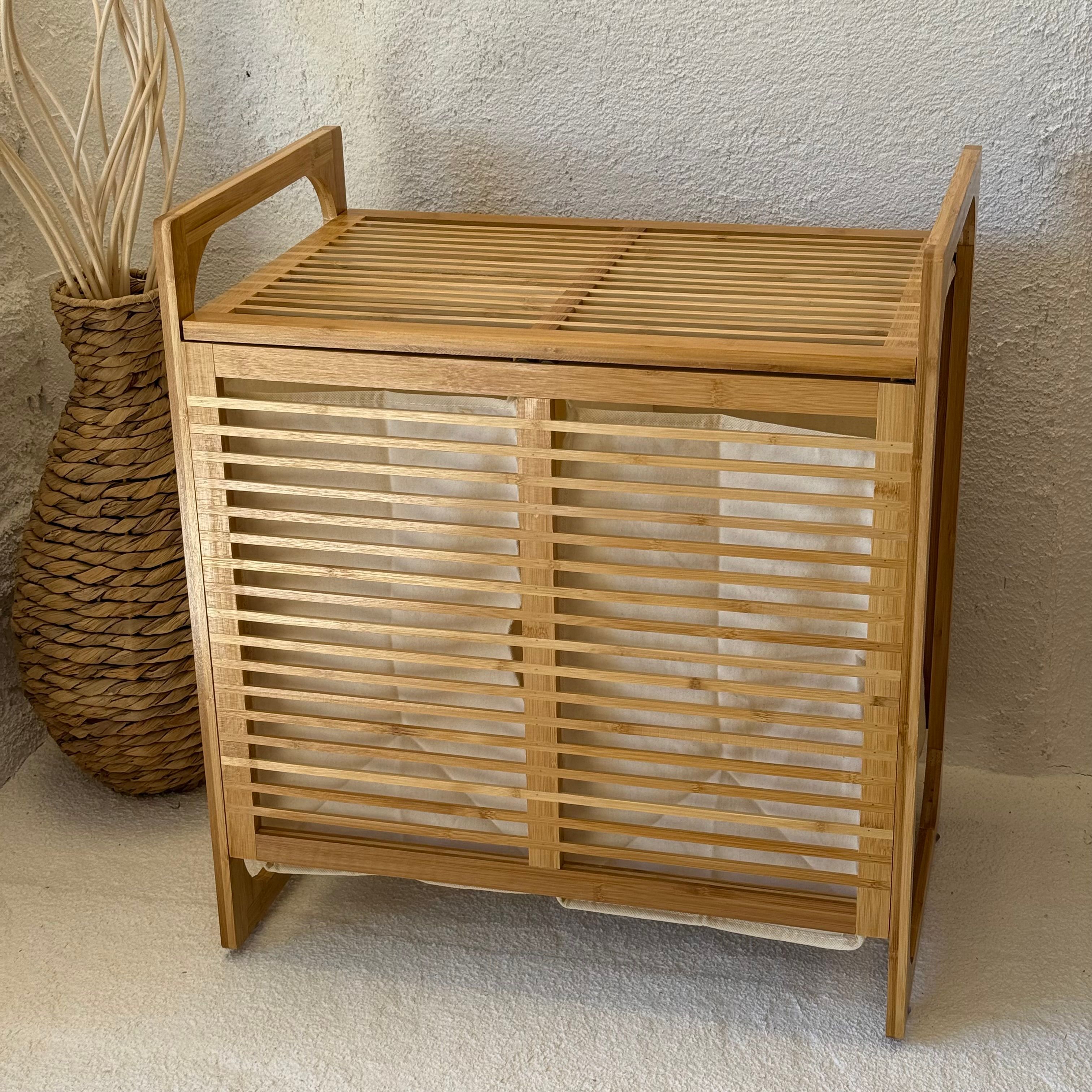 Powder 2 Bölmeli Bambu Kapaklı Kirli Çamaşır Sepeti 61x54,5x35 cm Krem 