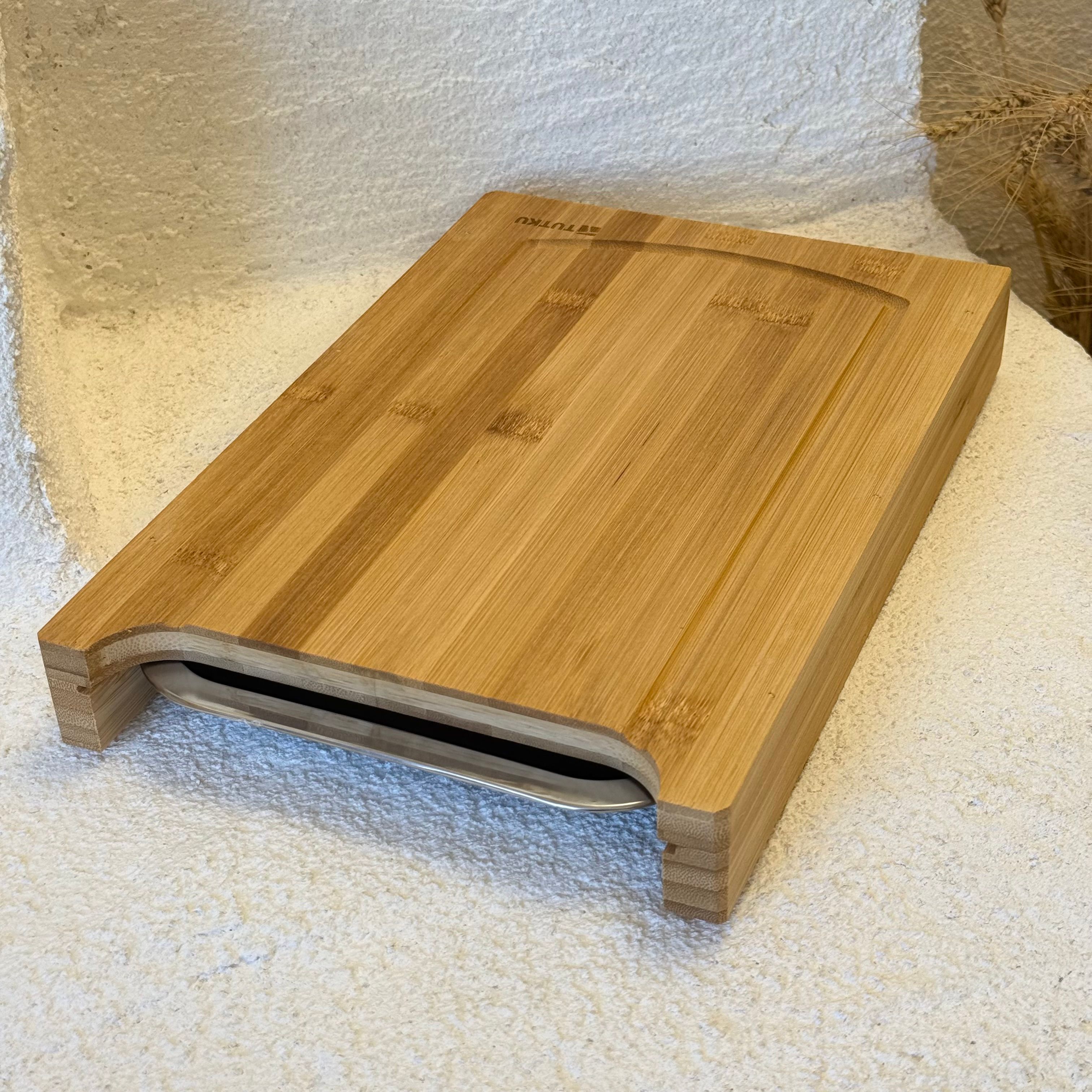 Bambu Kesim Tahtası Çelik Tepsi Hazneli 33x21 cm 