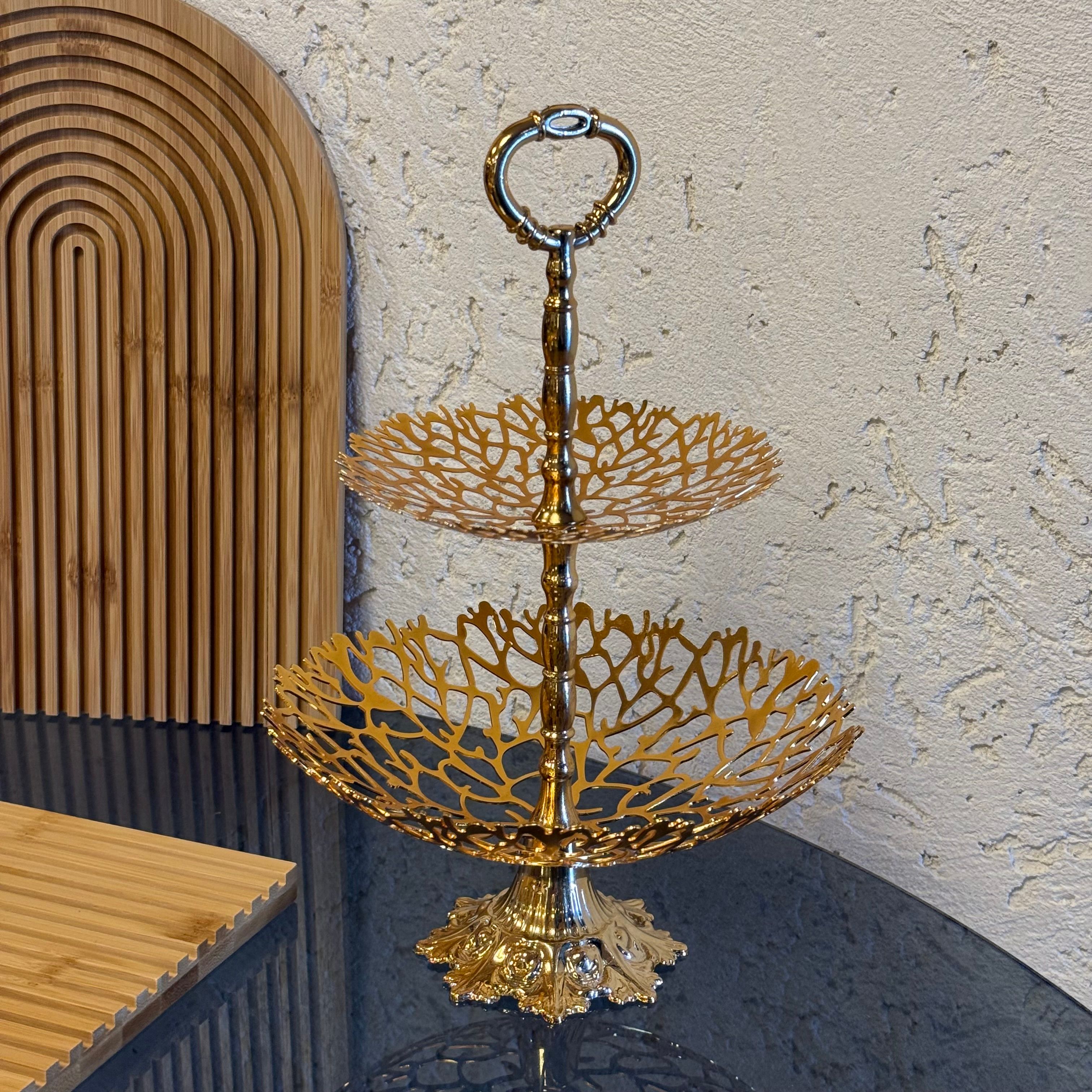 Evanev Lazer Kesim İki Katlı Ayaklı Meyvelik Gold 30 cm (İmkansız Fiyatlarda)