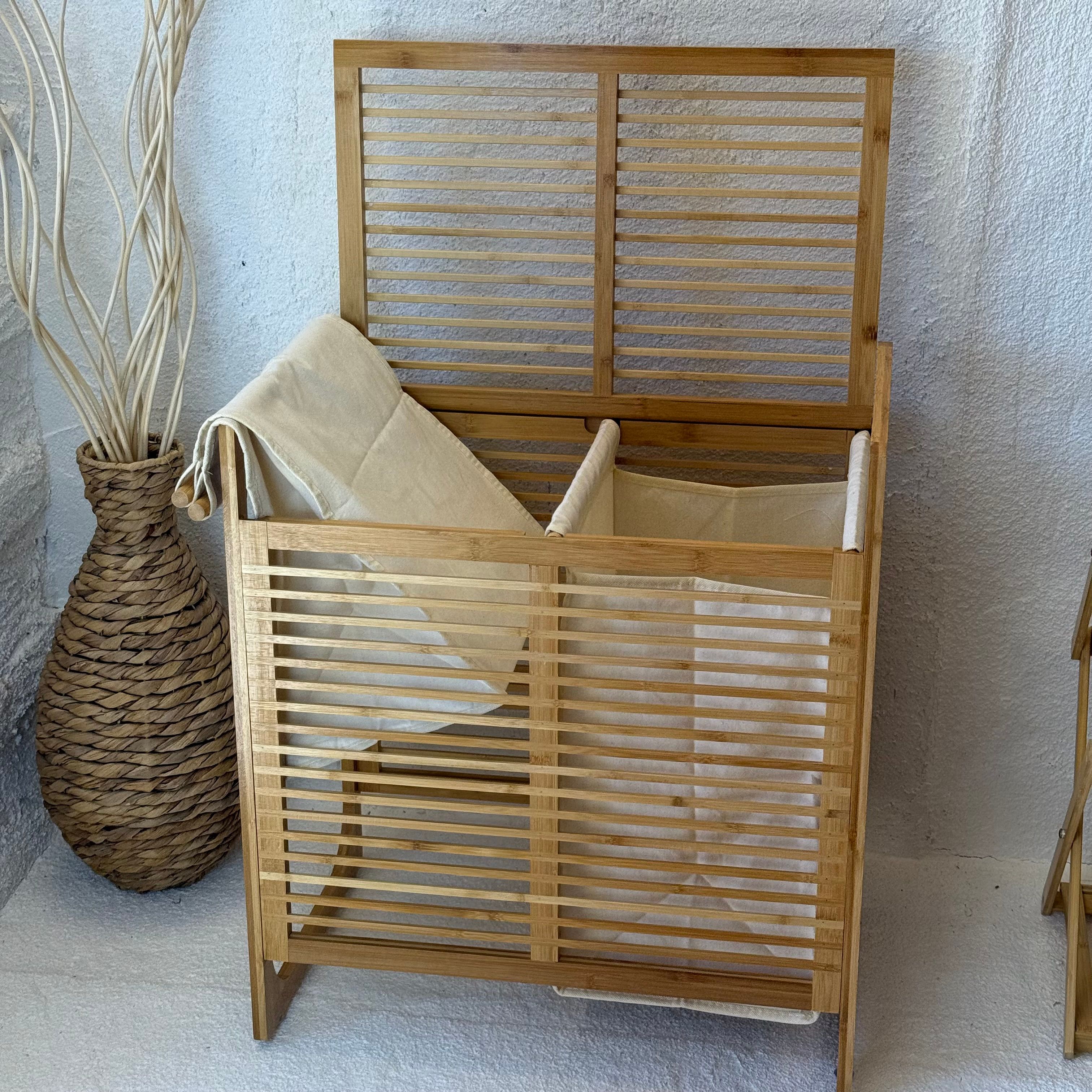 Powder 2 Bölmeli Bambu Kapaklı Kirli Çamaşır Sepeti 61x54,5x35 cm Krem 