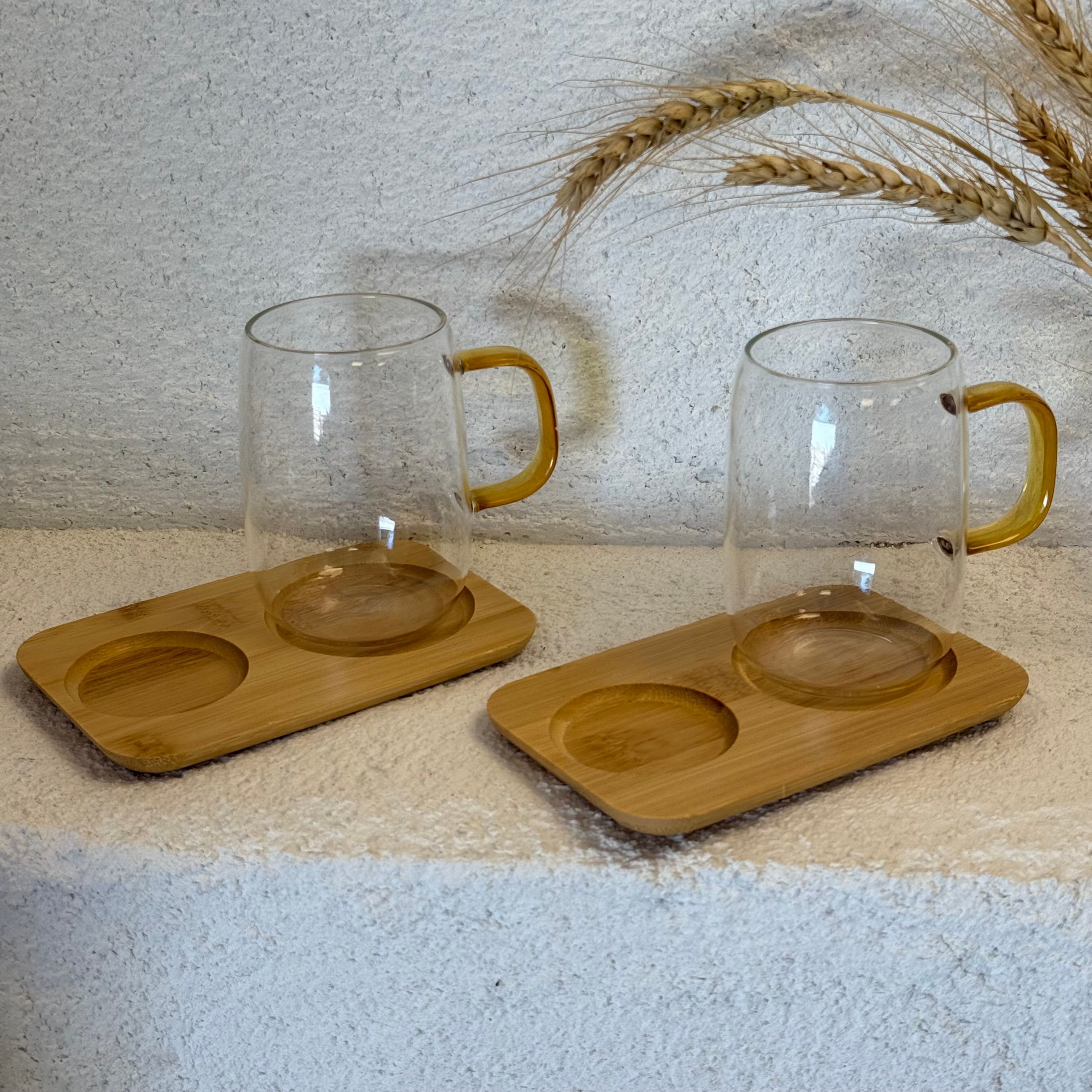 Cambu  Gold Kulplu Cam Kupa Seti İkili Bambu Standlı 280 ml 