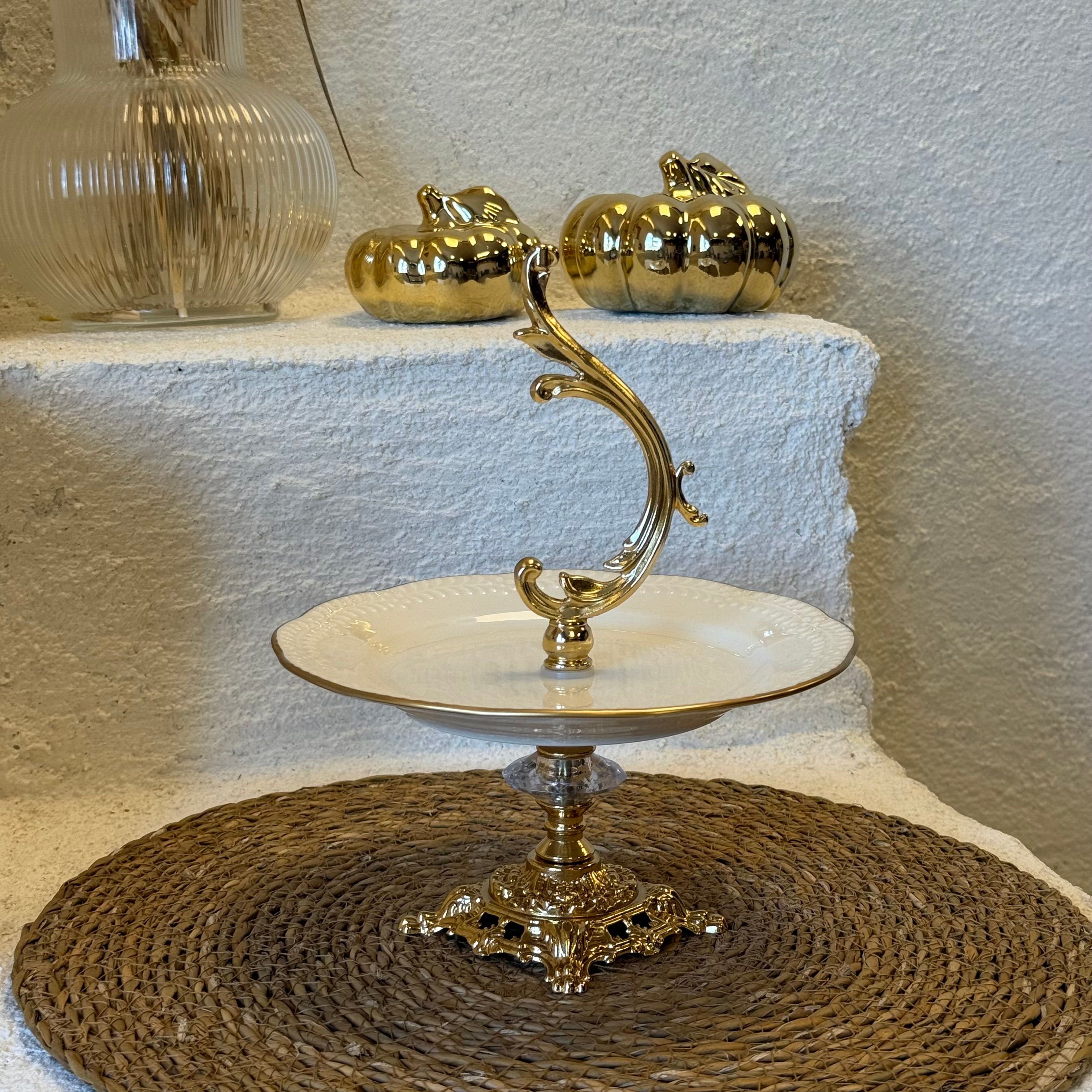 Lüks Tutmalı Gold Ayaklı Porselen Sunumluk 19x19x24 cm (3732)
