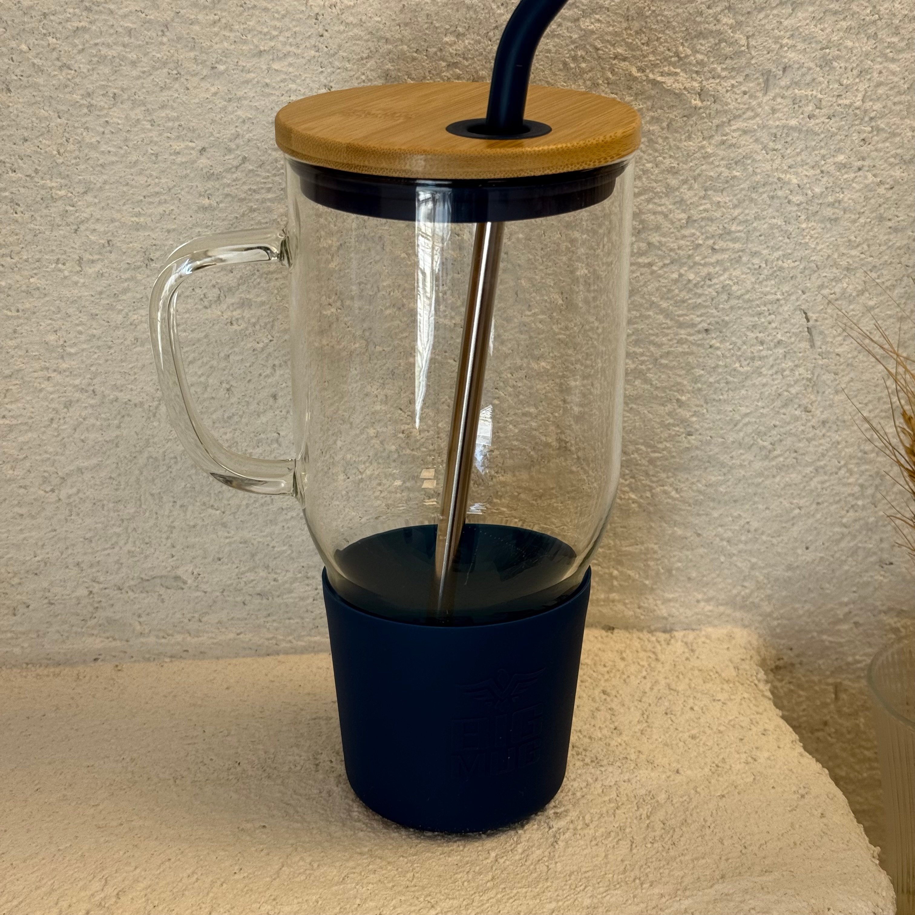 Cambu Silikon Tutmalı Metal Pipetli Cam Termos Bardağı 1 litre Lacivert 
